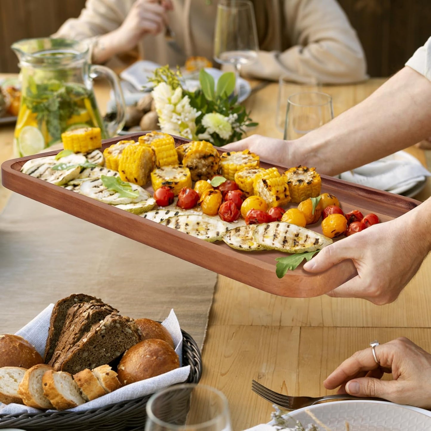 Large Wood Serving Trays Decor Long Charcuterie Cheese Boards Acacia Rectangle / 14 x 10 x 0.8