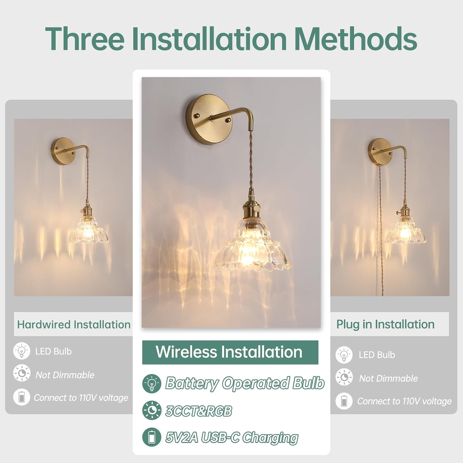 Shenmoyl Battery Operated Wall Sconce Wall Lamp with Clear Lily of the Valley Shade Pattern Glass Adjustable Chain