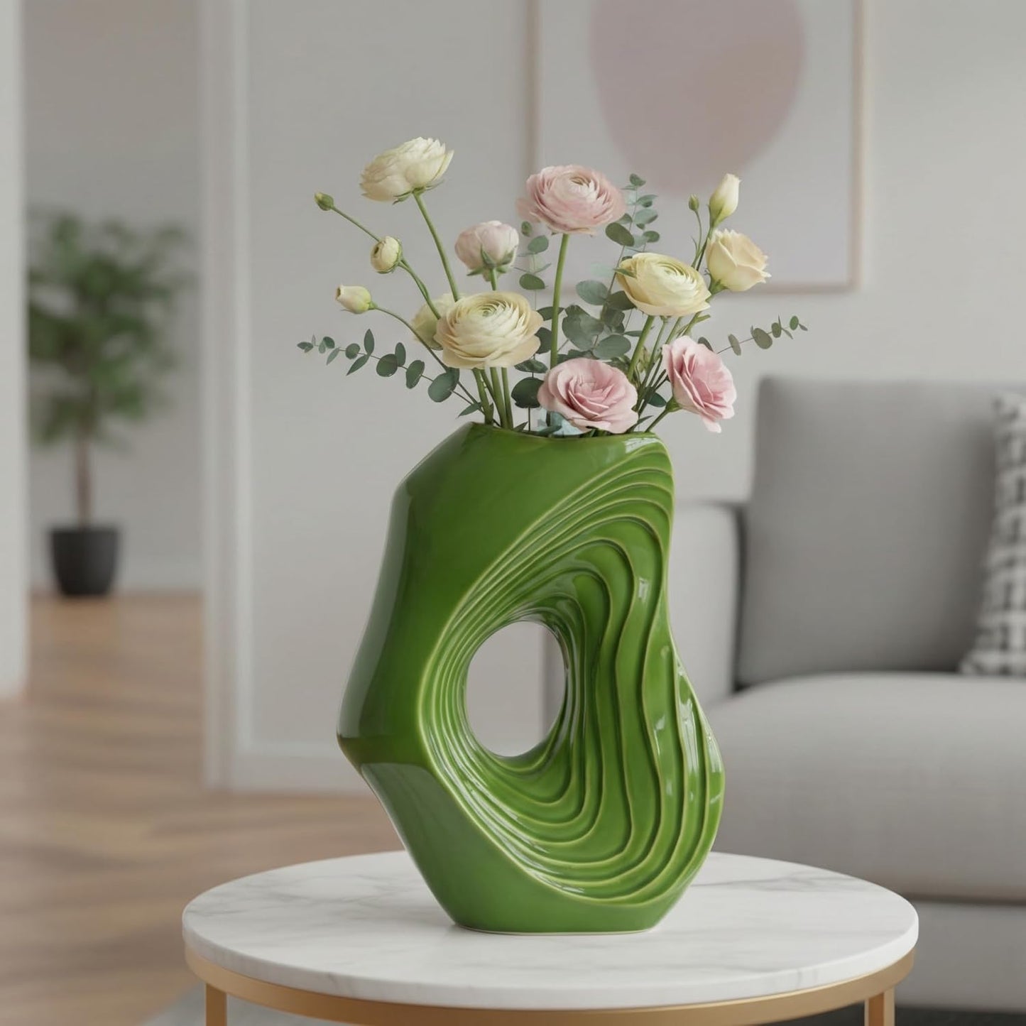 Donut Ceramic Vase / Green / 11 Inch