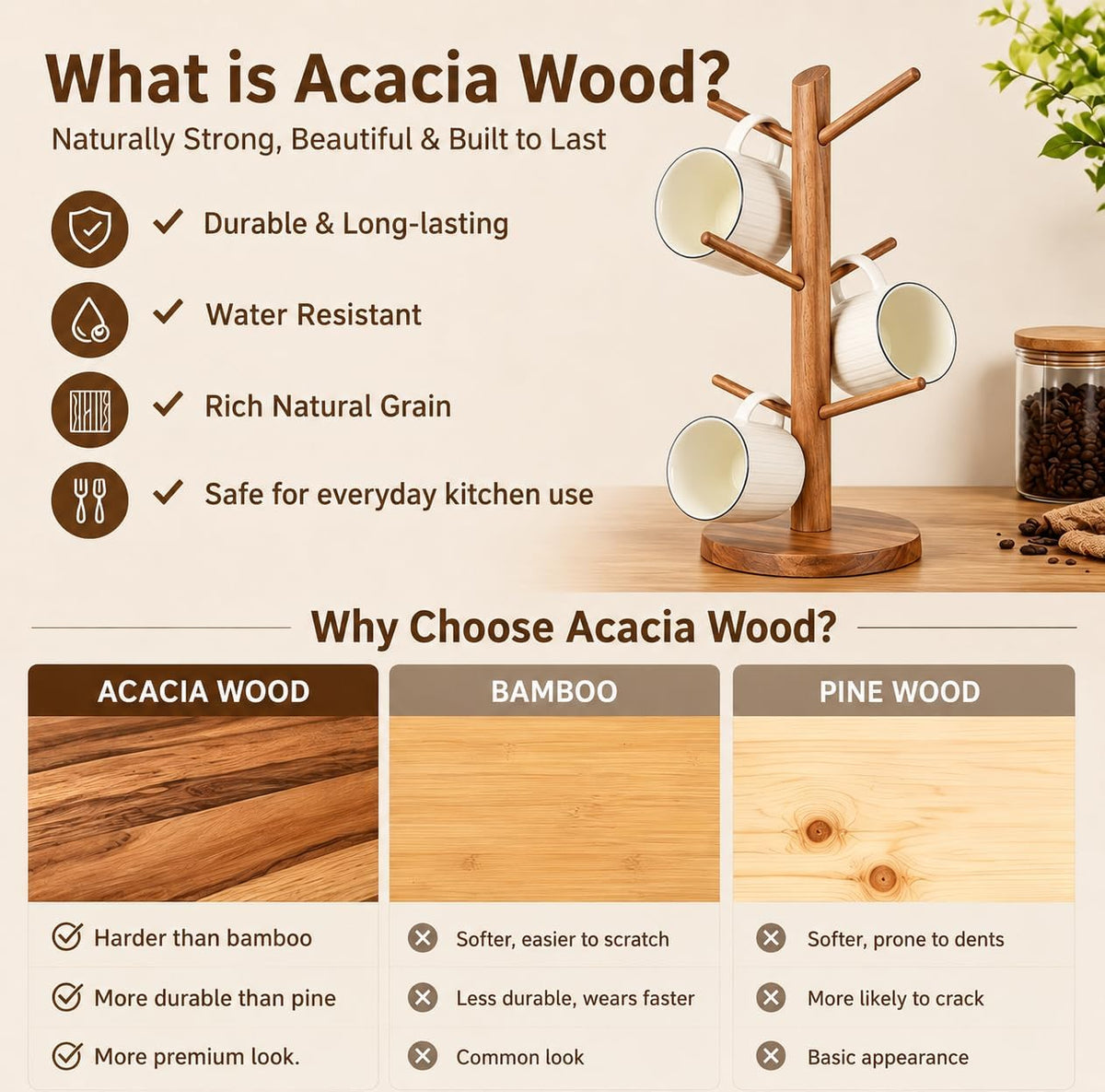 Large Acacia Wood Mug Holder Tree for Countertop | 6-Hook Coffee Mug Rack for Large & Tall Mugs, Wooden Coffee Cup