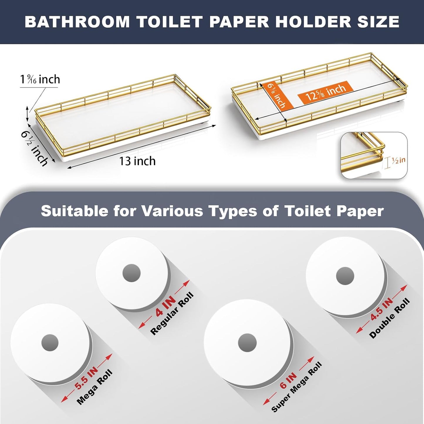 13" Wood Toilet Paper Storage Basket Tray Back of Toilet Basket / Gold & White / 13 x 6.5 x 1.5