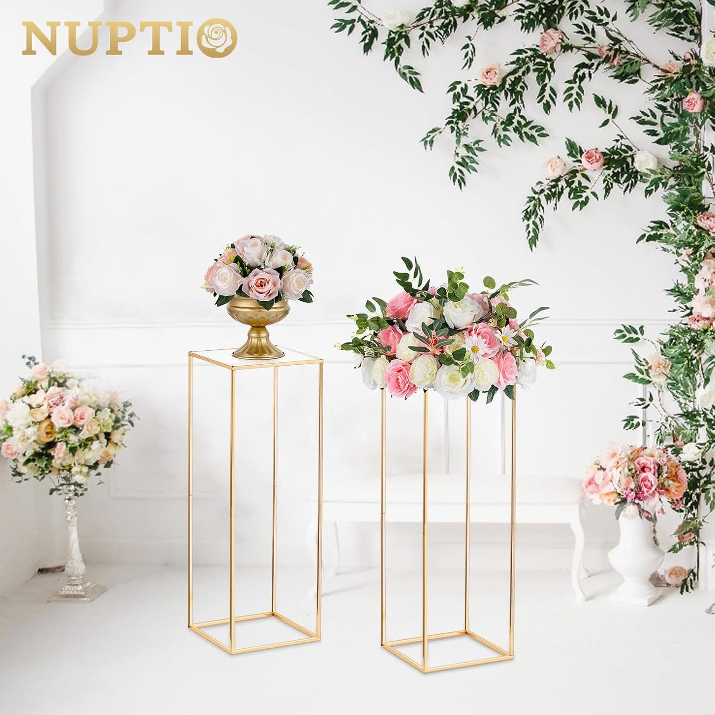 NUPTIO Gold Stands for Centerpieces, Geometric Column, 31.5" Tall, 10 Pcs | Metal Flower Holder, Rectangular Display