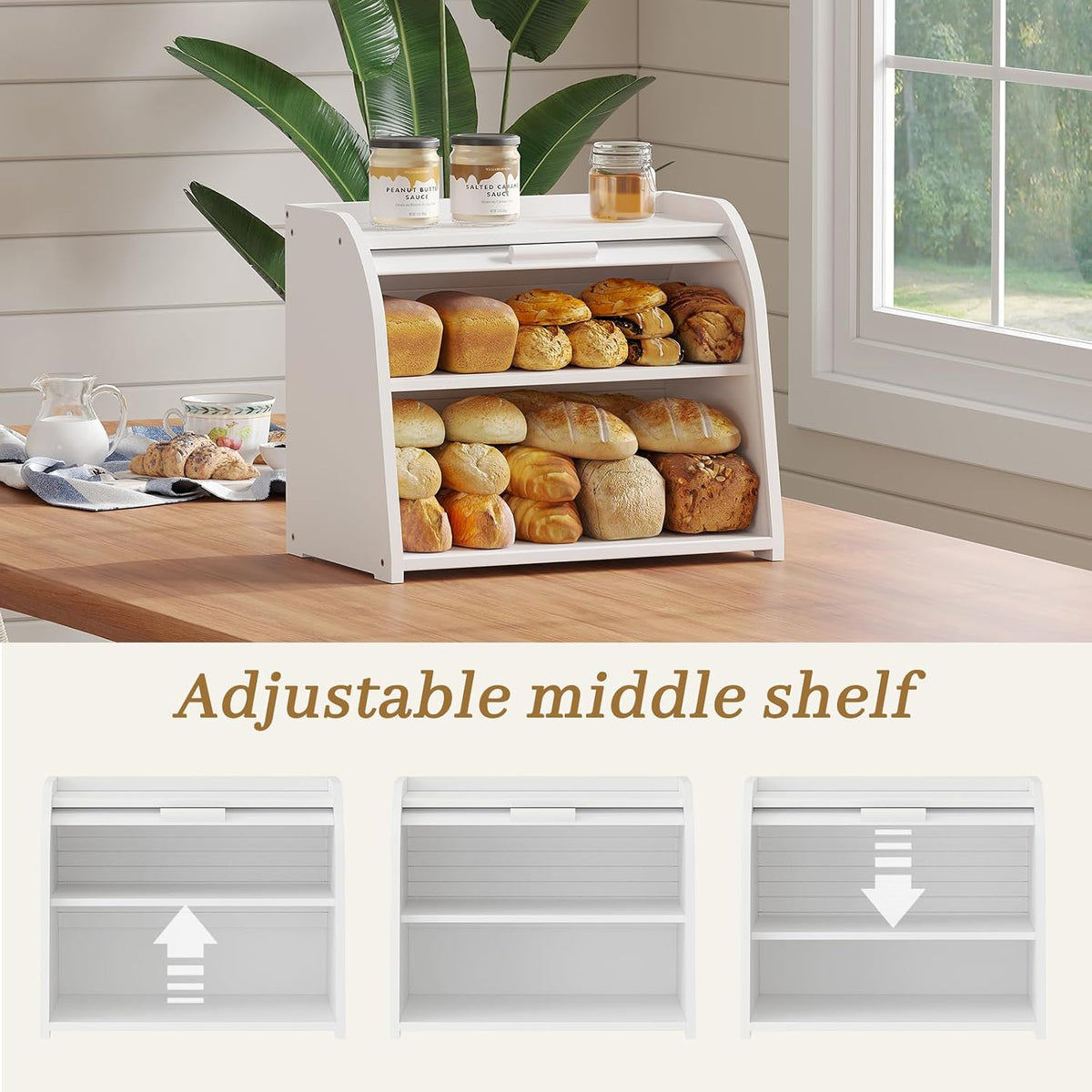 Kitsanery Bread Box for Kitchen Countertop, Bamboo Bread Storage, Double-Layer Roll-Top Bread Container, Farmhouse