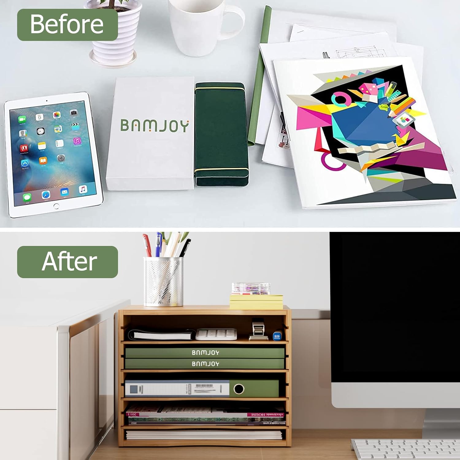 Bamjoy Bamboo 5 Tier Desktop Organizer, Paper Organizer Mail Sorter, File Holder Letter Document Storage with