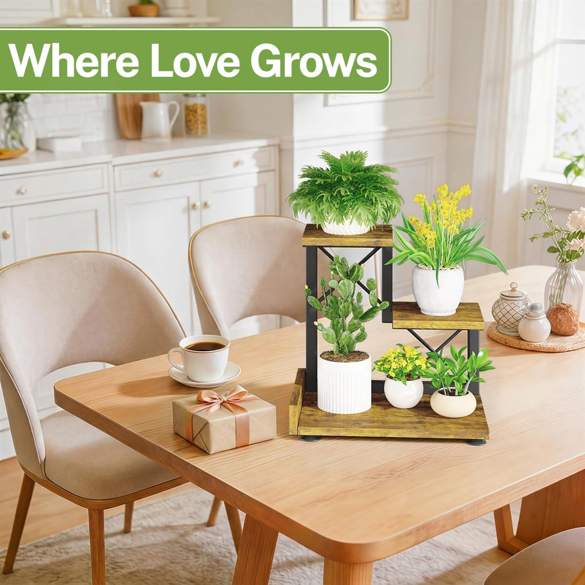 iDavosic.ly Table Top Small Plant Stand, Succulent Holder for Desk, Brown | 3 Tier Flower Pot Shelf for Desktop, Space