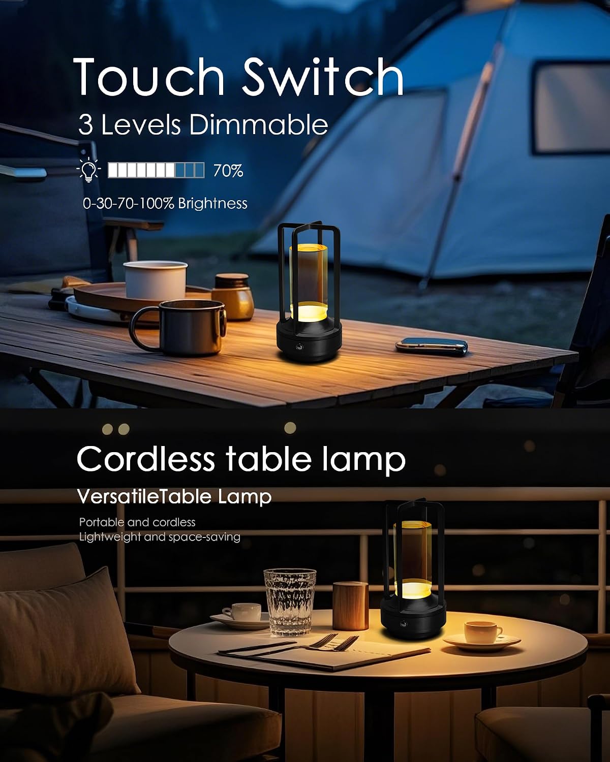 Set of 2 Cordless Table Lamps Rechargeable Desk Lamps Black | Battery Operated Table Light with 3 Color Stepless