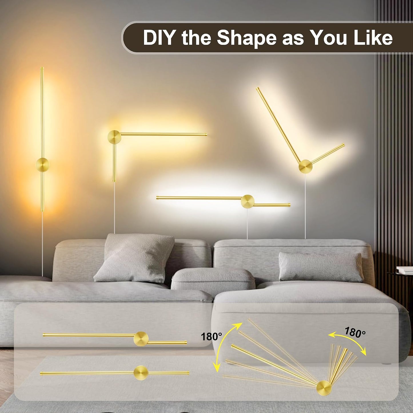 GOODATE Wall Sconces Set of Two with Remote, Stepless Colors 3000K-6500K & Stepless Dimming, Hardwire or Plug-in, 180°