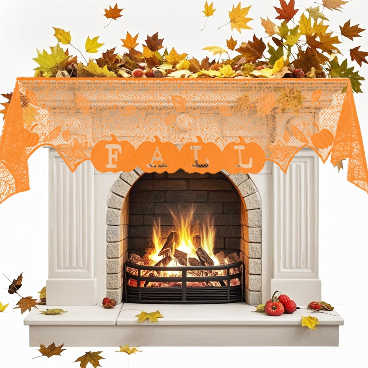 Fall Mantel Scarf Orange Fireplace Mantel Cover for Window Indoor Thanksgiving Decoration Lace Mantel Scarf for Halloween Home Party Holiday Decoration