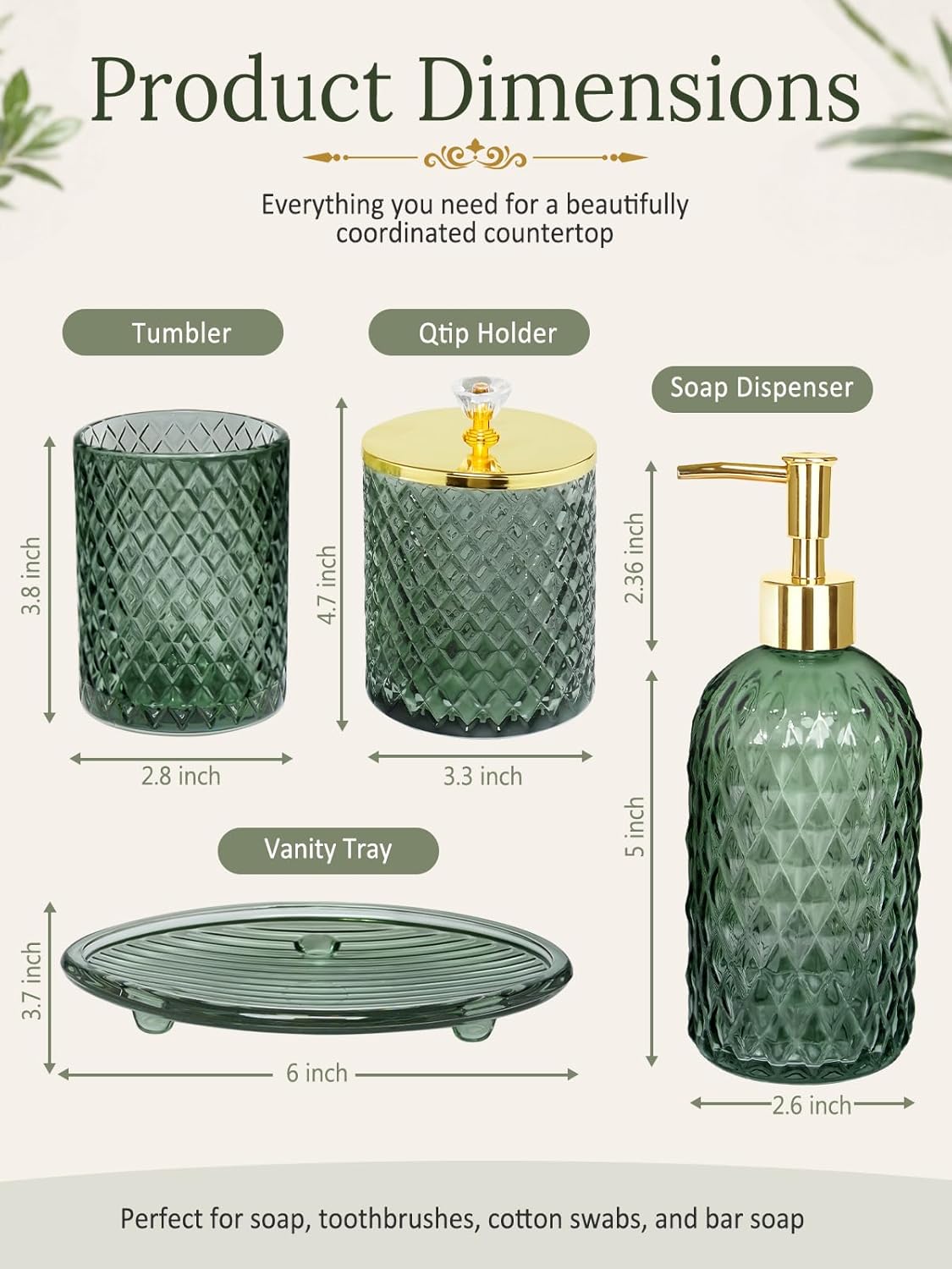 Glass Complete w/Bathroom Soap Dispenser Set / Bathroom Set / Sage Green / Set of 4