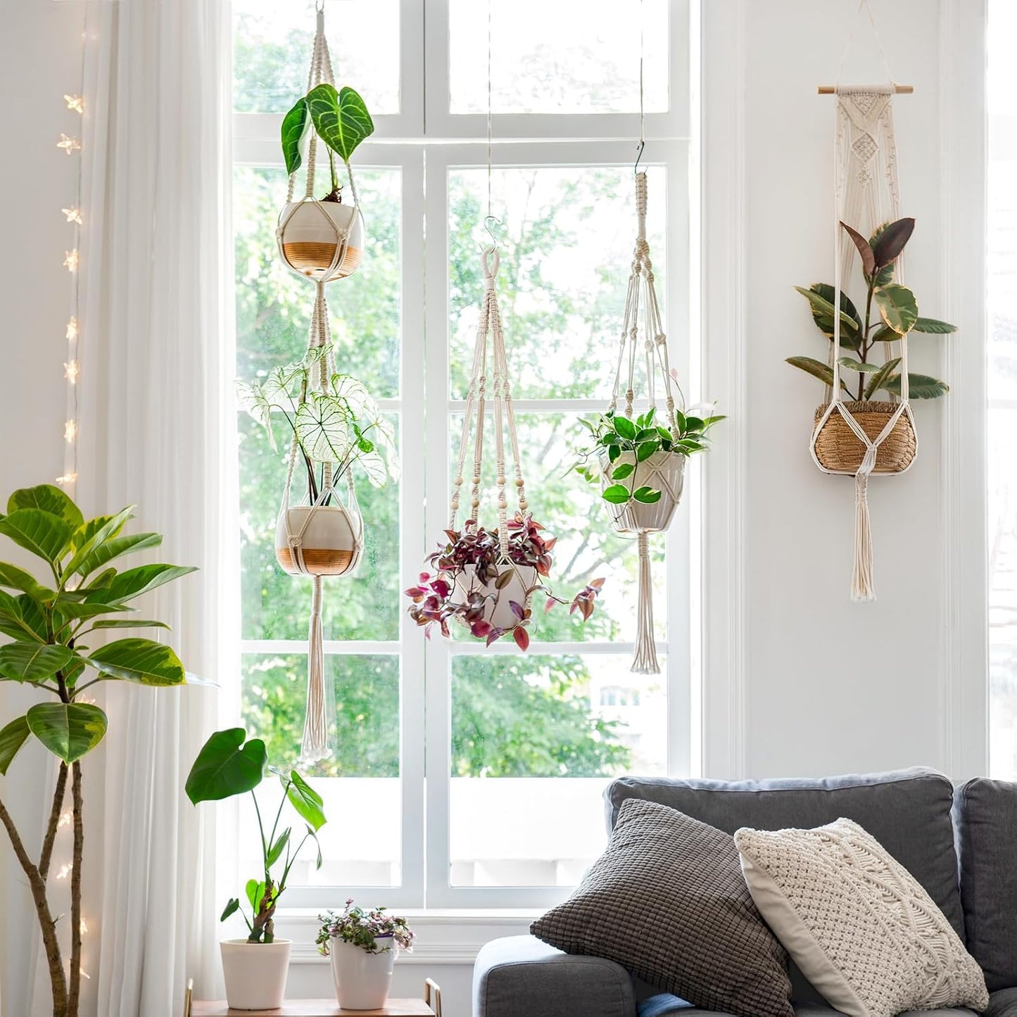 Macrame Plant Hangers Indoor Hanging Planter Basket Wall Decorative Flower Pot / Ivory / Set of 4
