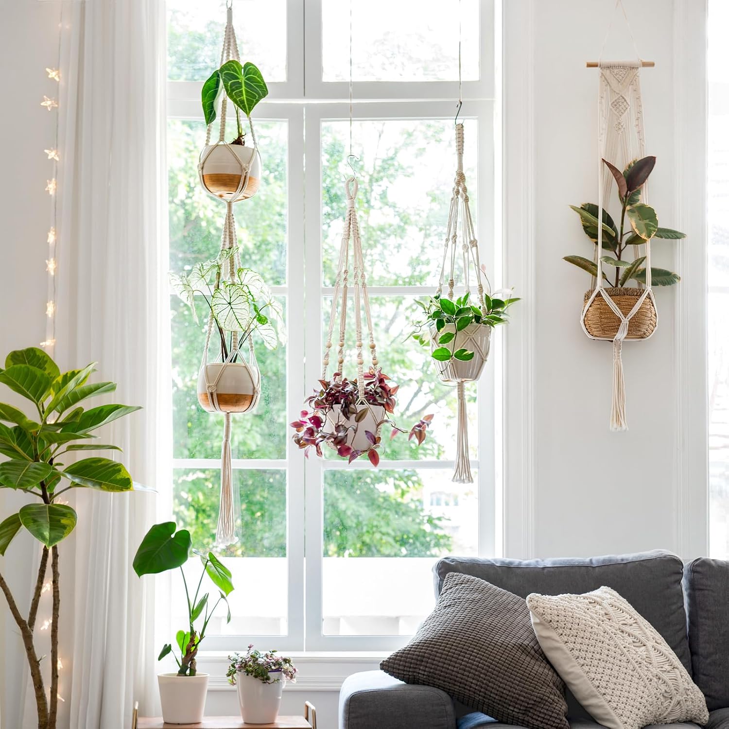 Macrame Plant Hangers Indoor Hanging Planter Basket Wall Decorative Flower Pot / Ivory / Set of 4