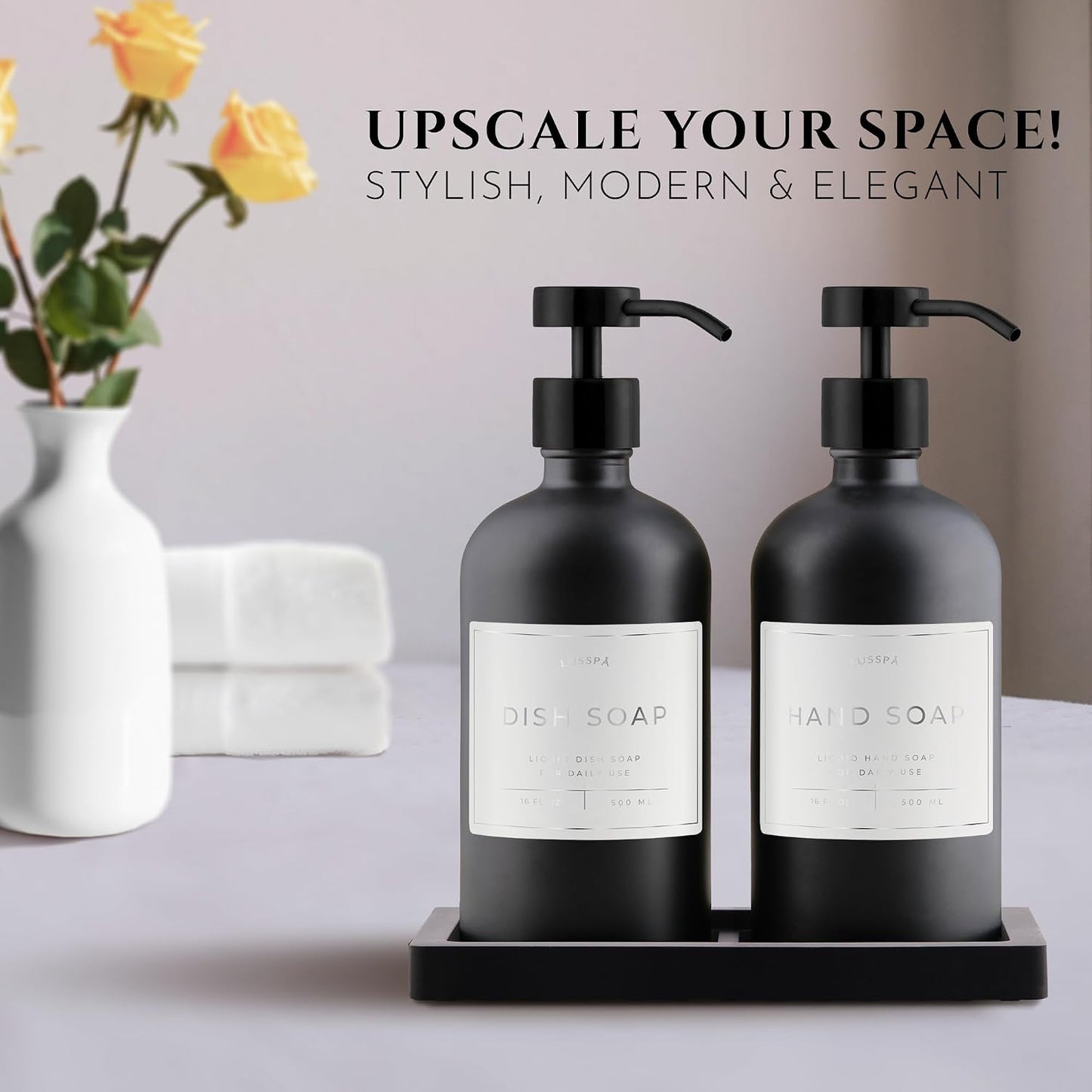 Glass Soap Dispenser Set of 2 (Black) with Silicone Tray | Hand and Dish Soap Dispenser for Kitchen and Bathroom | 16.8