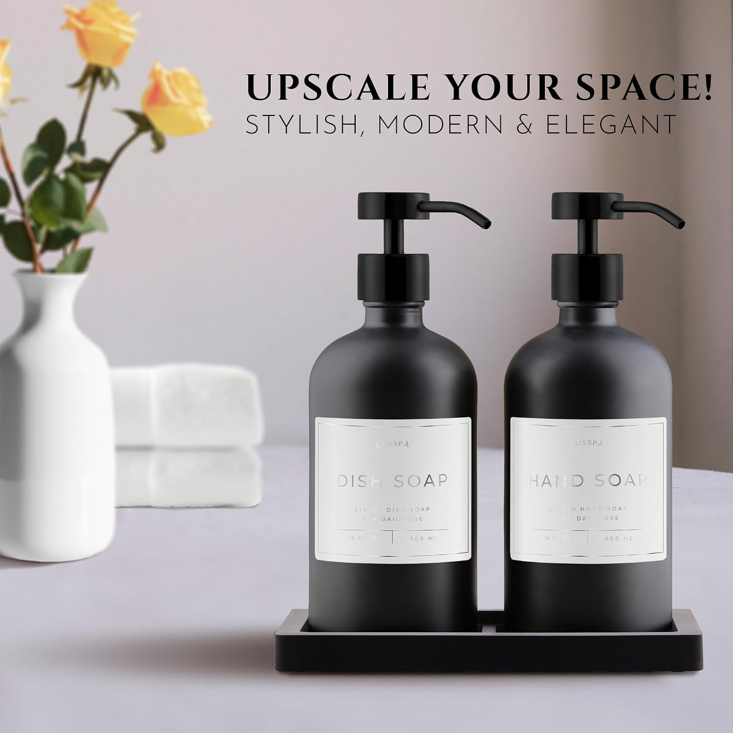 Glass Soap Dispenser Set of 2 (Black) with Silicone Tray | Hand and Dish Soap Dispenser for Kitchen and Bathroom | 16.8