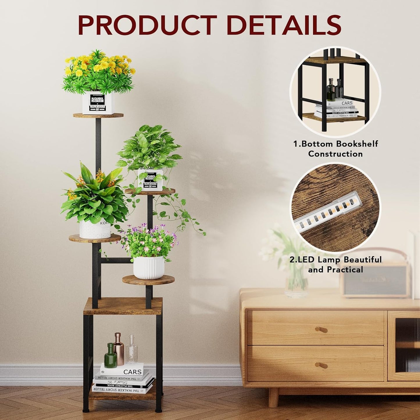Round Plant Stand Indoor with Grow Light, 5-Tiered Tall Plant Stand Indoor, Metal Plant Shelf with Adjustable Light