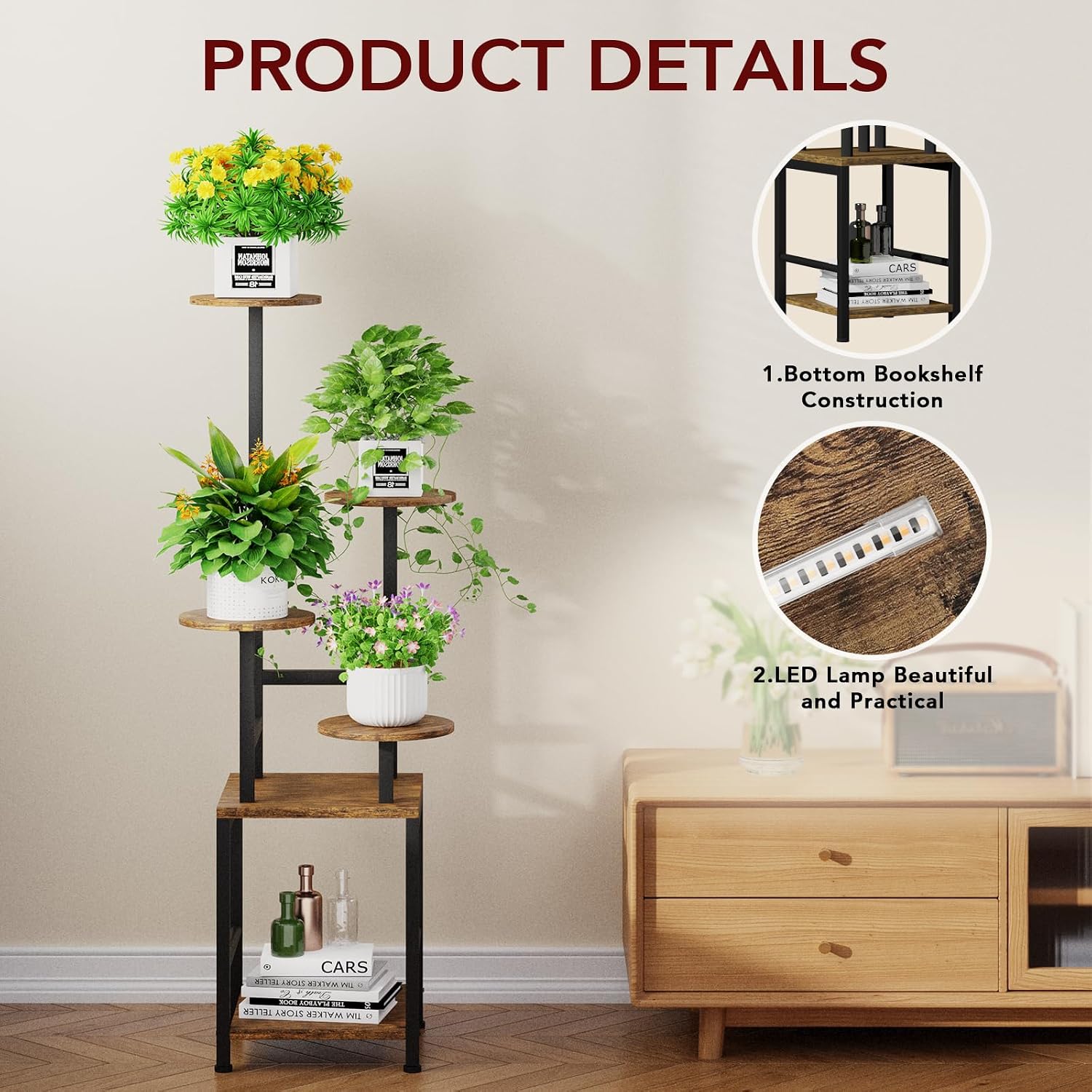 Round Plant Stand Indoor with Grow Light, 5-Tiered Tall Plant Stand Indoor, Metal Plant Shelf with Adjustable Light