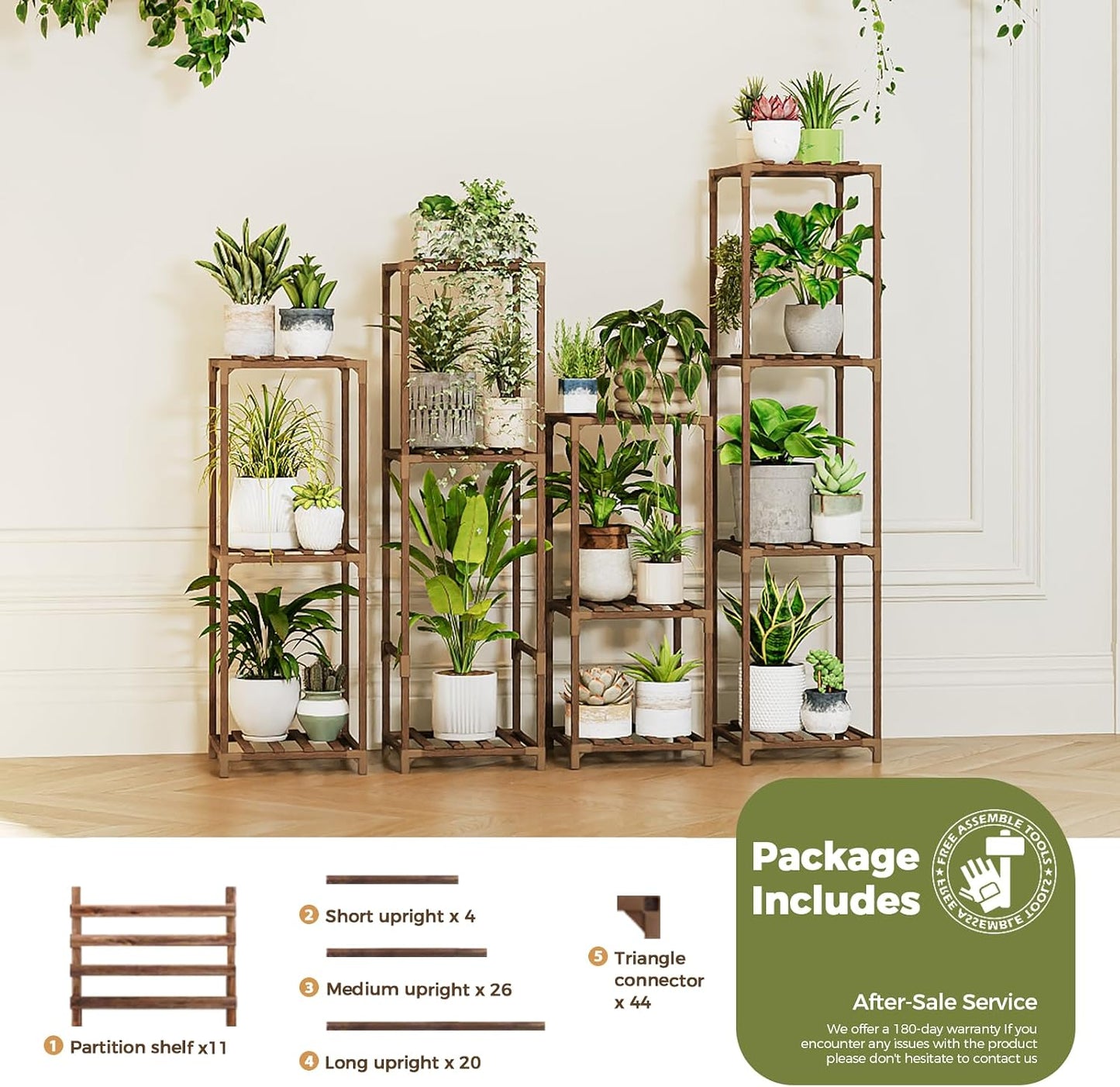 Bamworld Plant Stands Indoor 4 Sets Plant Shelves Outdoor | Tall Wooden Plant Holder for Multiple Plants Flower Stands