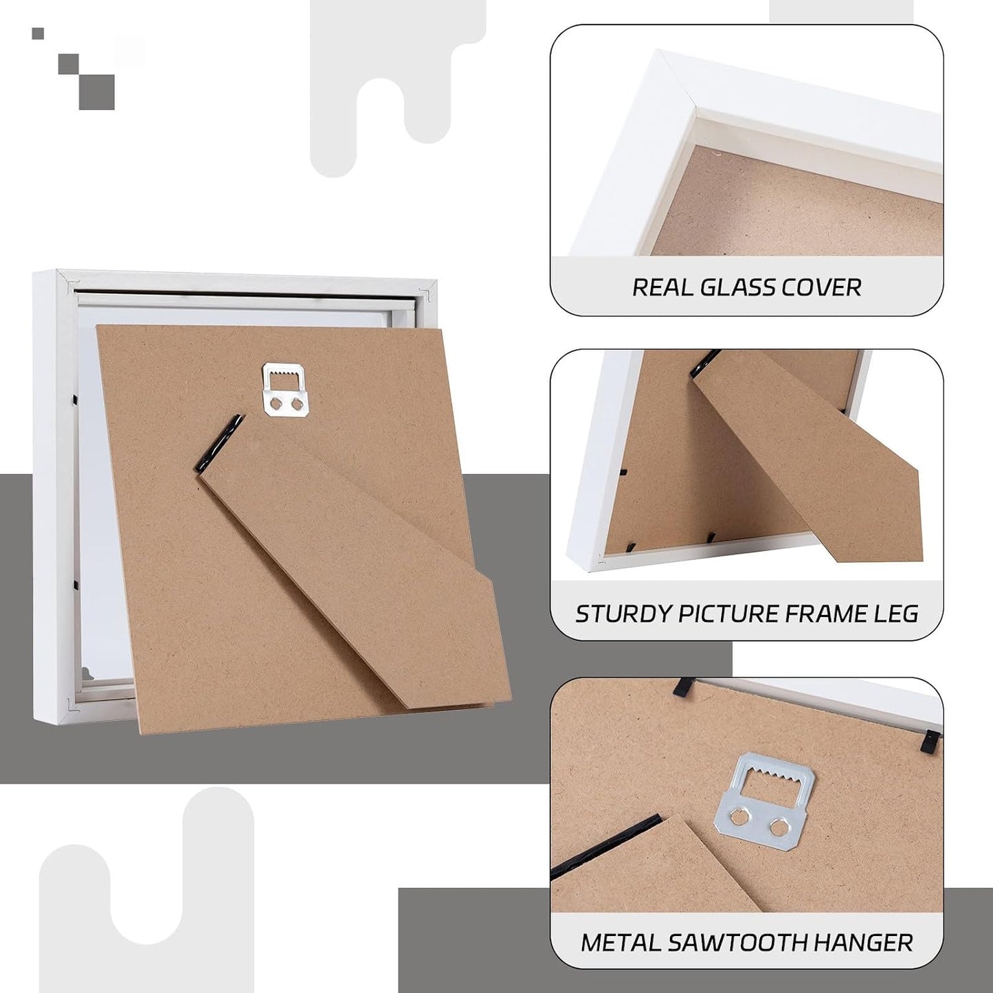 Muzilife 8x8 Shadow Box 3D Picture Frames, Wood, Real Glass, White, 3 Pack | FSC-Certified MDF | With Stand | Tabletop