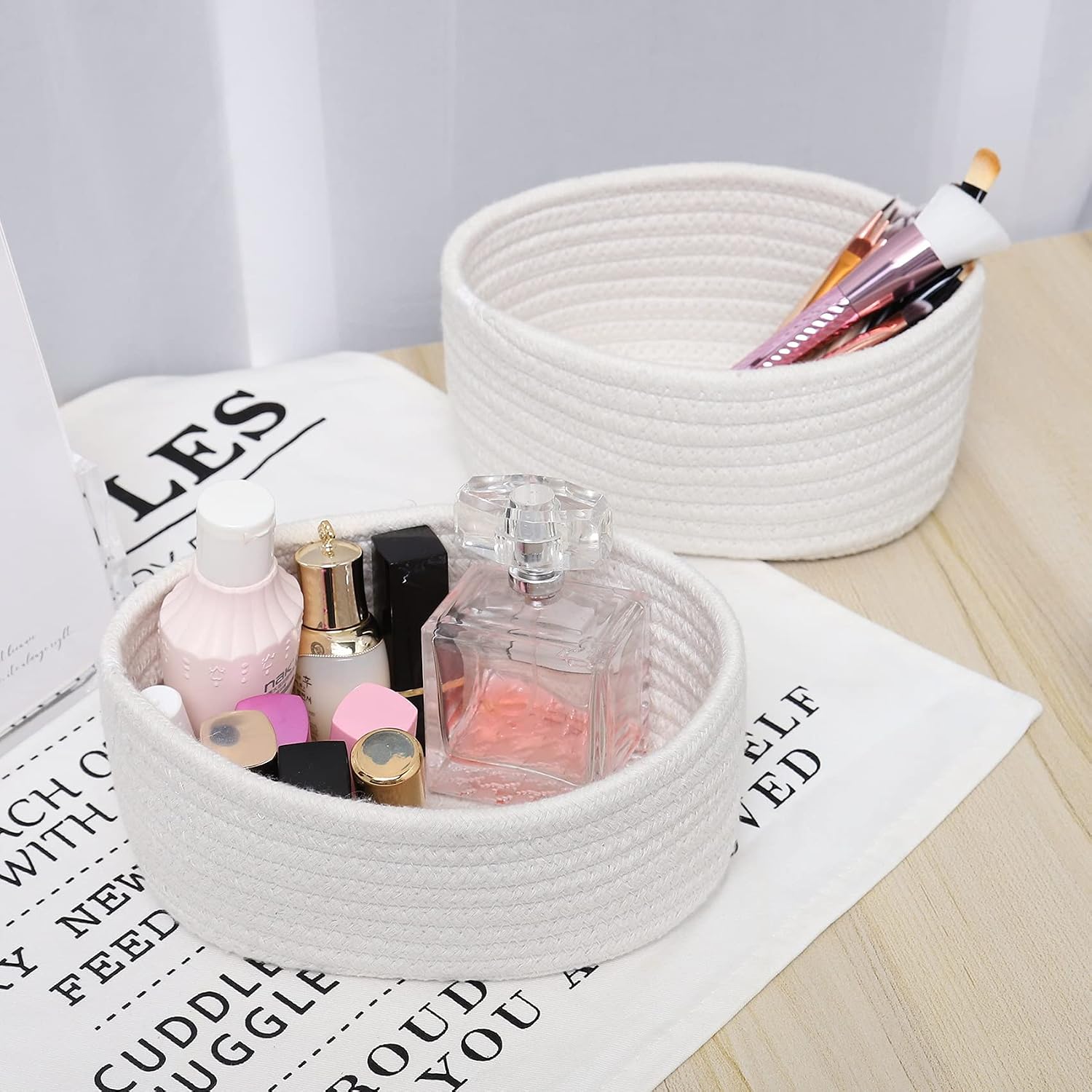 Natural Cotton Rope Woven Baskets for Organizing / White / Set of 2