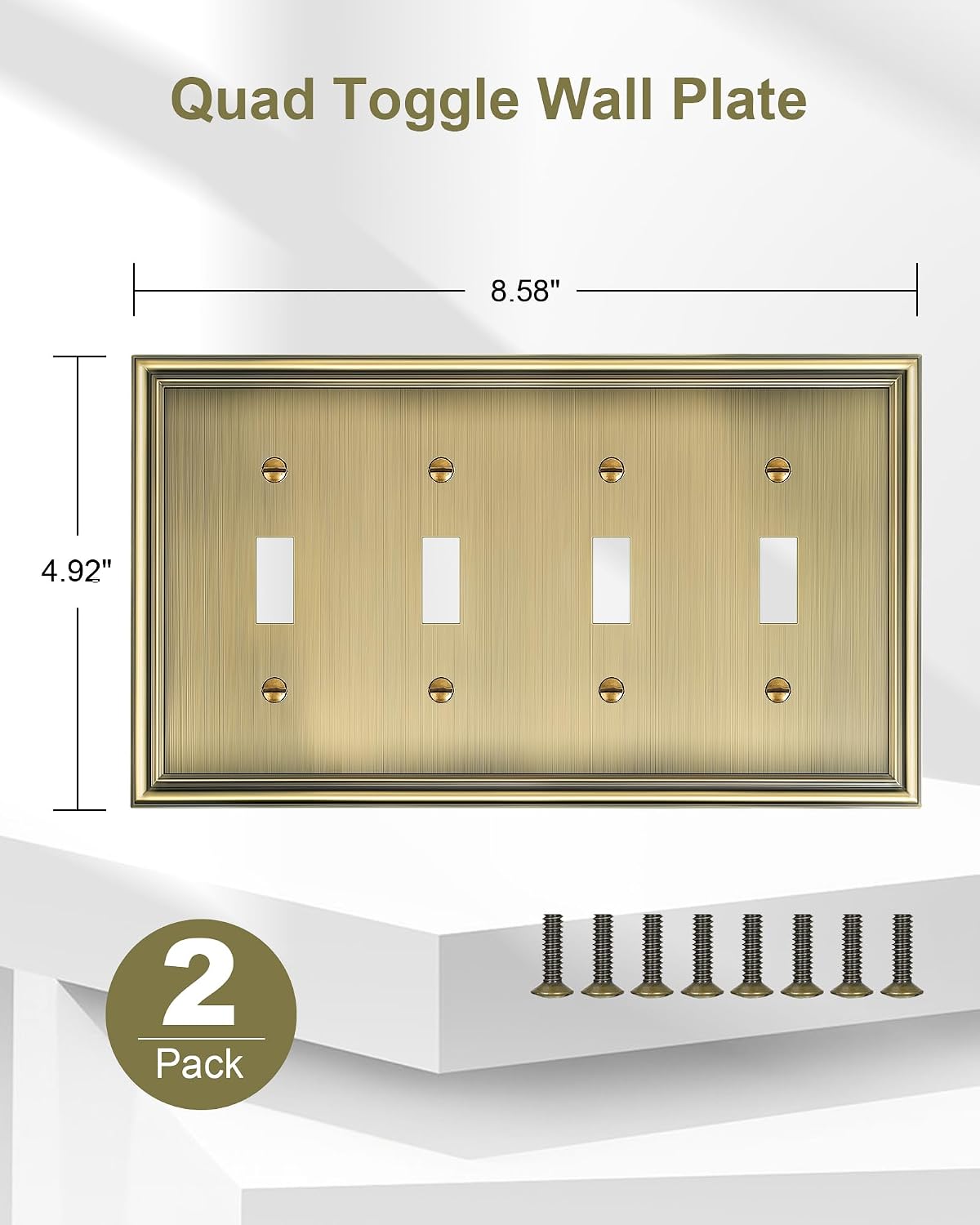 2-Pack Zinc Alloy Quad Toggle Light Switch Cover Plate, Solid Switch Cover | Durable Decorative Switch Plate Covers, 4