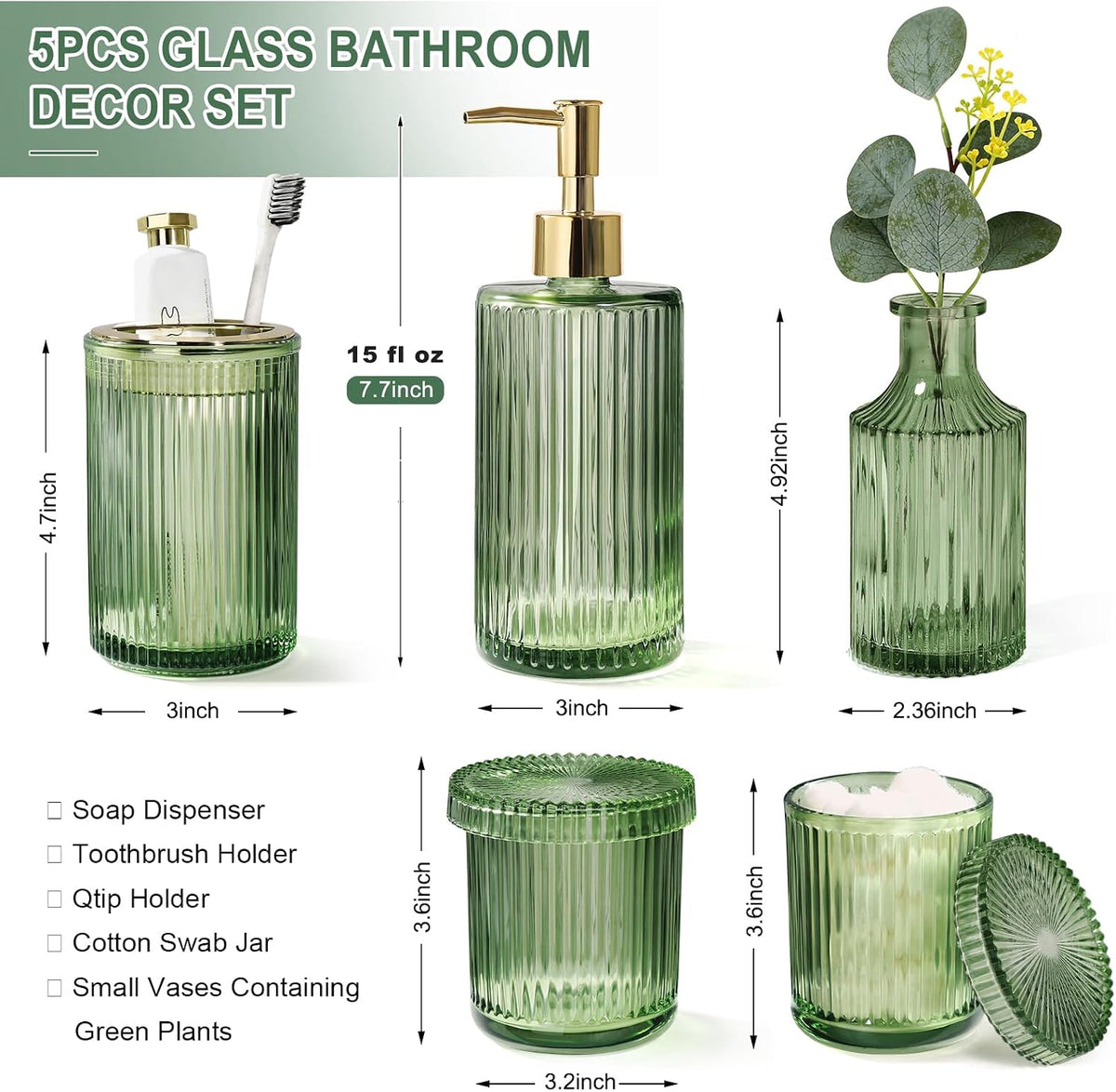 Green Bathroom Accessories 5 Pcs, Glass Bathroom Accessory Set, Vintage Green Bathroom Set, Sage Green Soap Dispenser