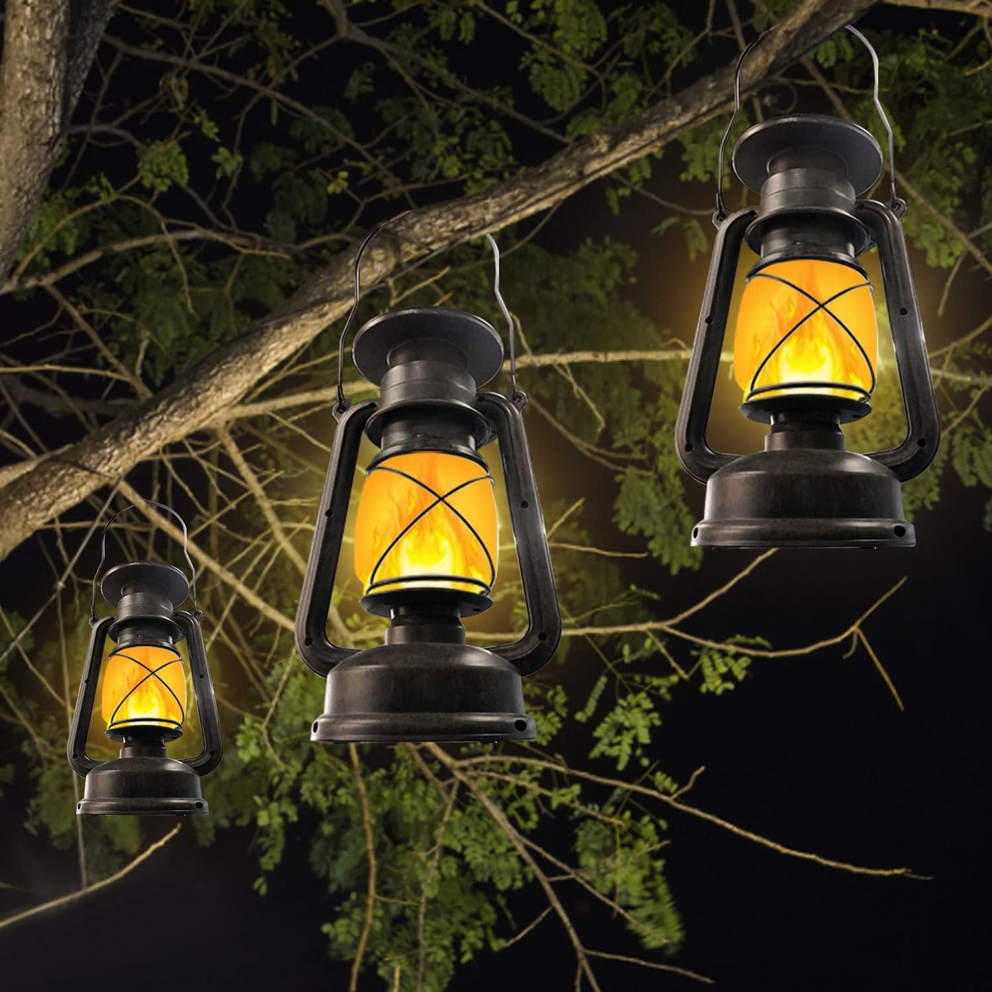 Outdoor Waterproof Solar Lanterns, 2 Pack Vintage Flickering Flame LED Hanging Lights with Auto On/Off, Rustic