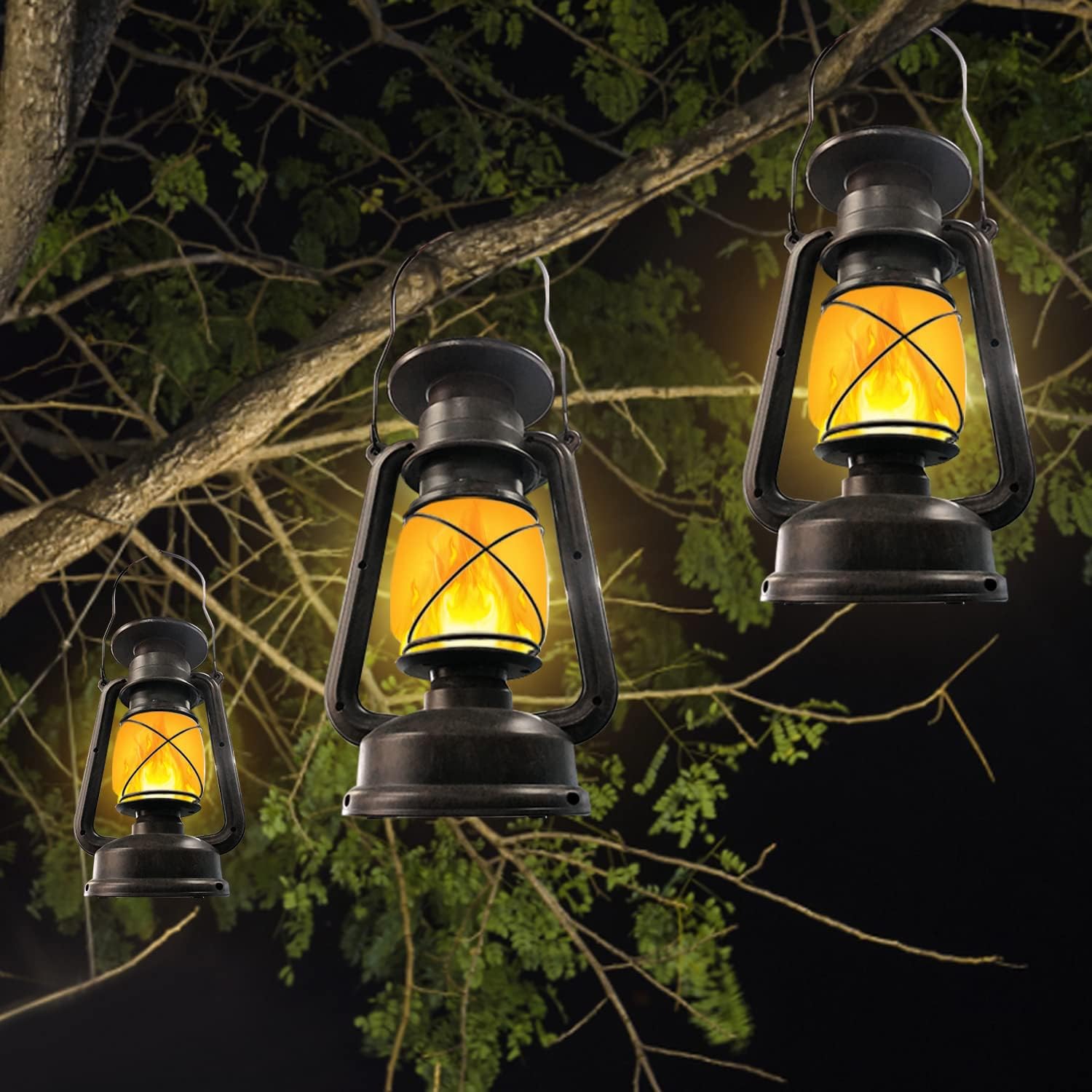 Outdoor Waterproof Solar Lanterns, 2 Pack Vintage Flickering Flame LED Hanging Lights with Auto On/Off, Rustic