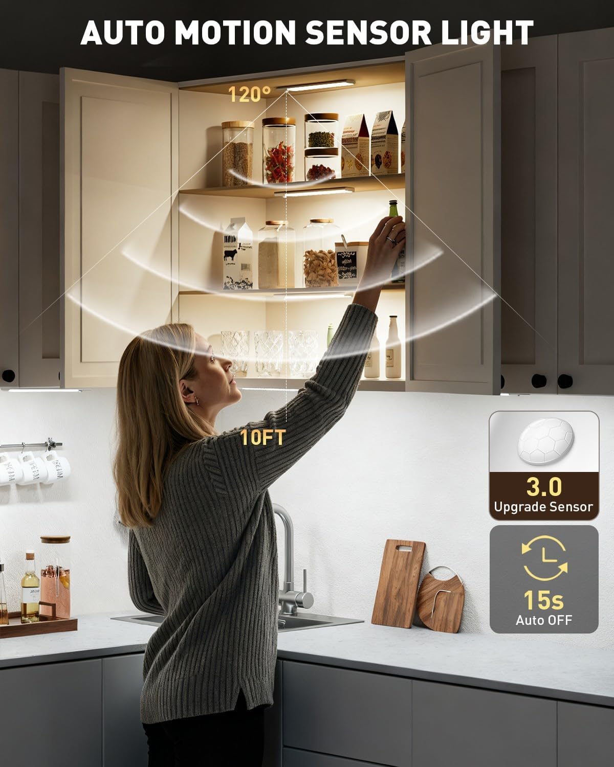 Under Cabinet Lighting Wireless Motion Sensor Light Indoor, 12" Rechargeable Kitchen Bar Lights, 300LM Ultra-Bright
