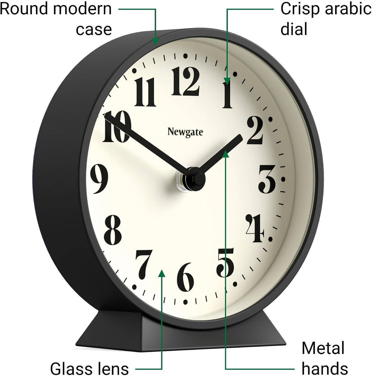 NEWGATE® Theatre Mantel Clock | Modern Classic Round Design | Black | Contemporary Style for Desk, Table, Shelf or