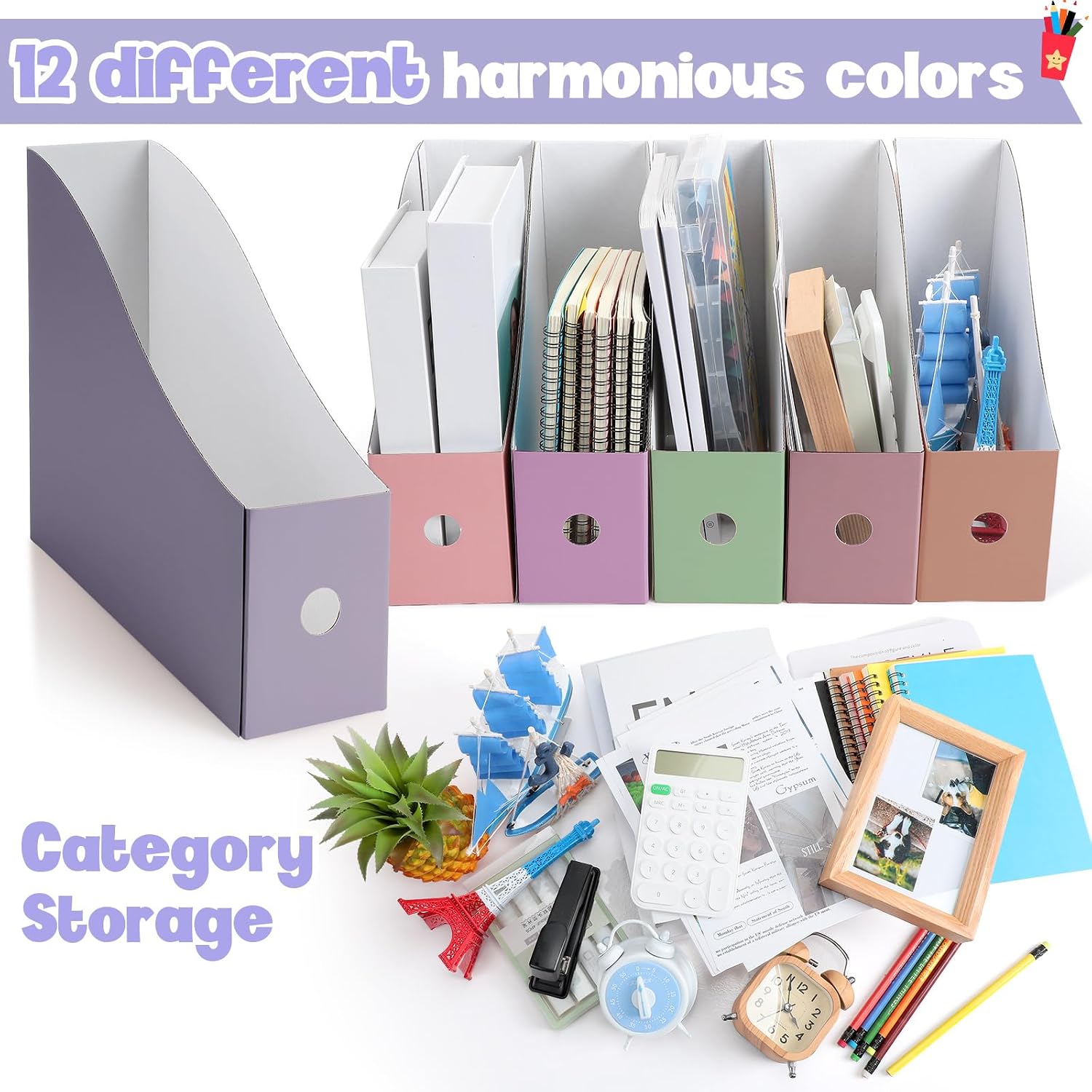 Colarr 12 Pack Cardboard Magazine File Holders Book Bins,Fresh Color | Heavy Duty Magazine Storage Box with Labels