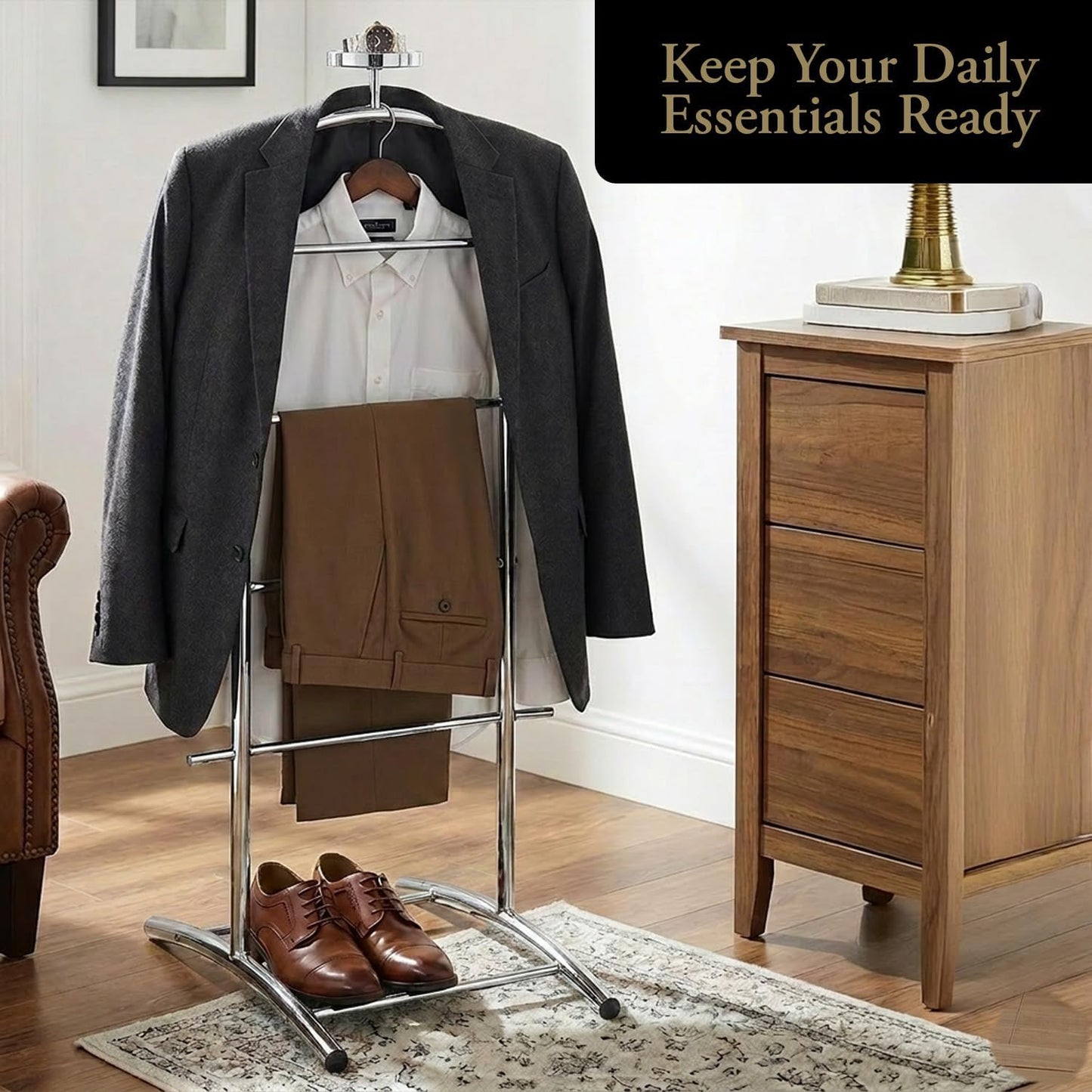 Kings Brand Freestanding Metal Suit Valet Stand with Tie Bar, Chrome | Complete Clothing Organizer with Hanger, Trouser