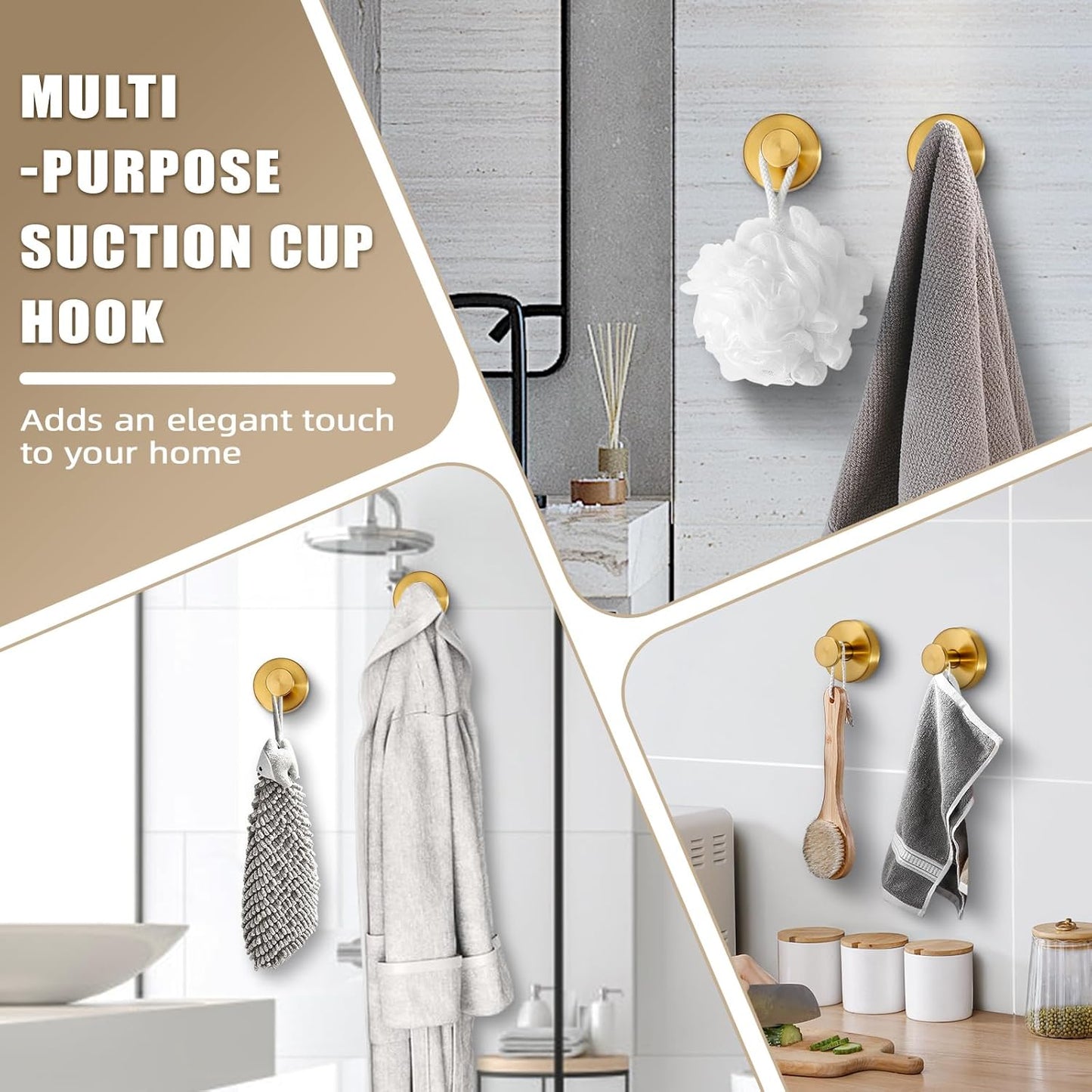 Suction Cup Hooks for Shower No-Drill Bathroom Hooks for Towels / Brushed Gold / Set of 2