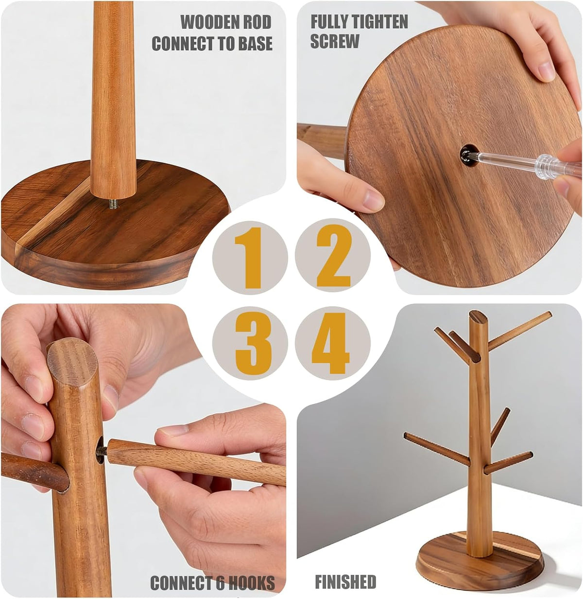 Coffee Mug Tree 6-Hook,Acacia Wood Mug Holder Countertop | Mugs Stand for Tea & Coffee Cups, Kitchen Countertop &
