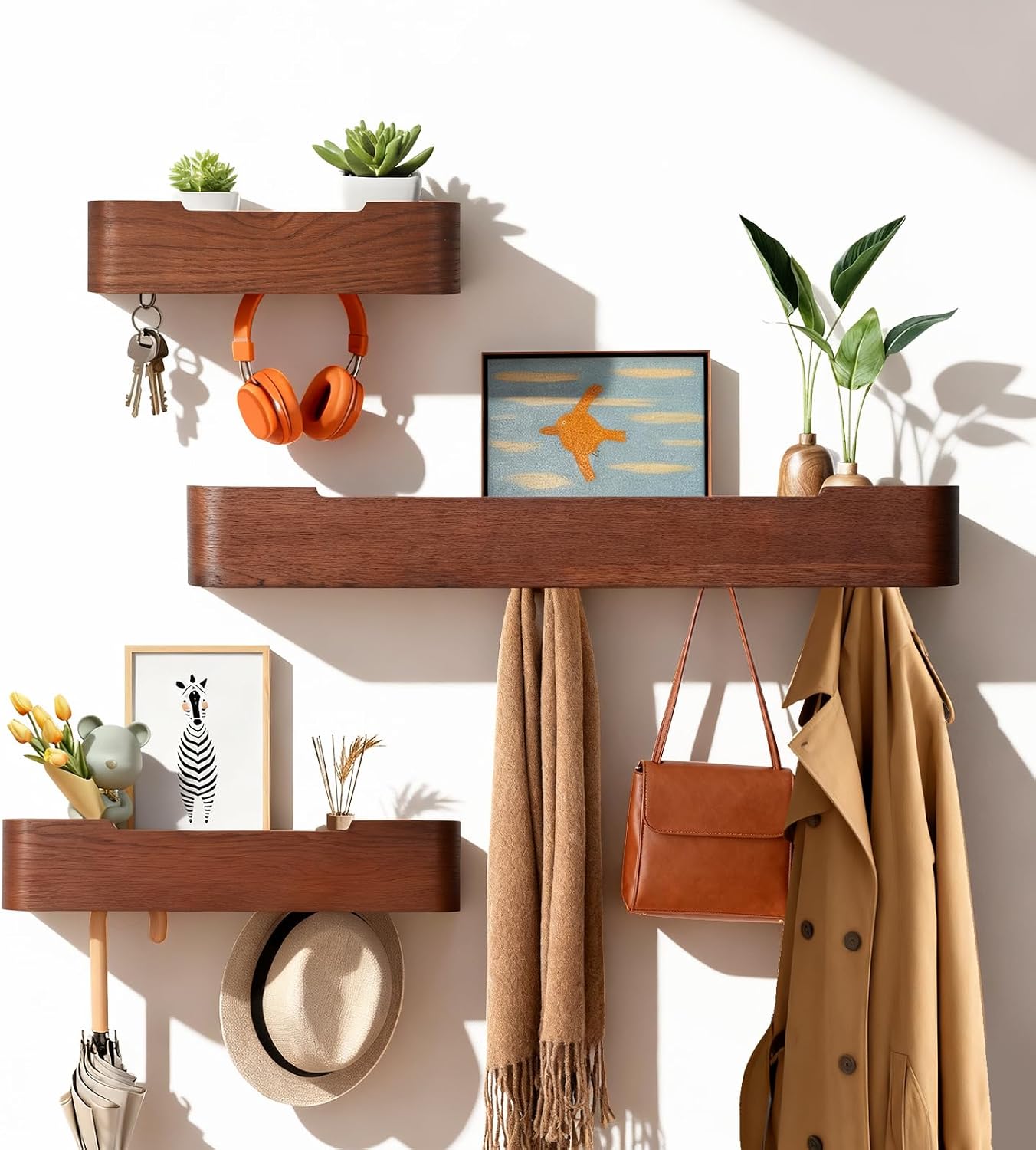 Shelf Entryway Shelf Modern Key Holder Hanger Wall Shelves / Walnut Color / 5 Hooks