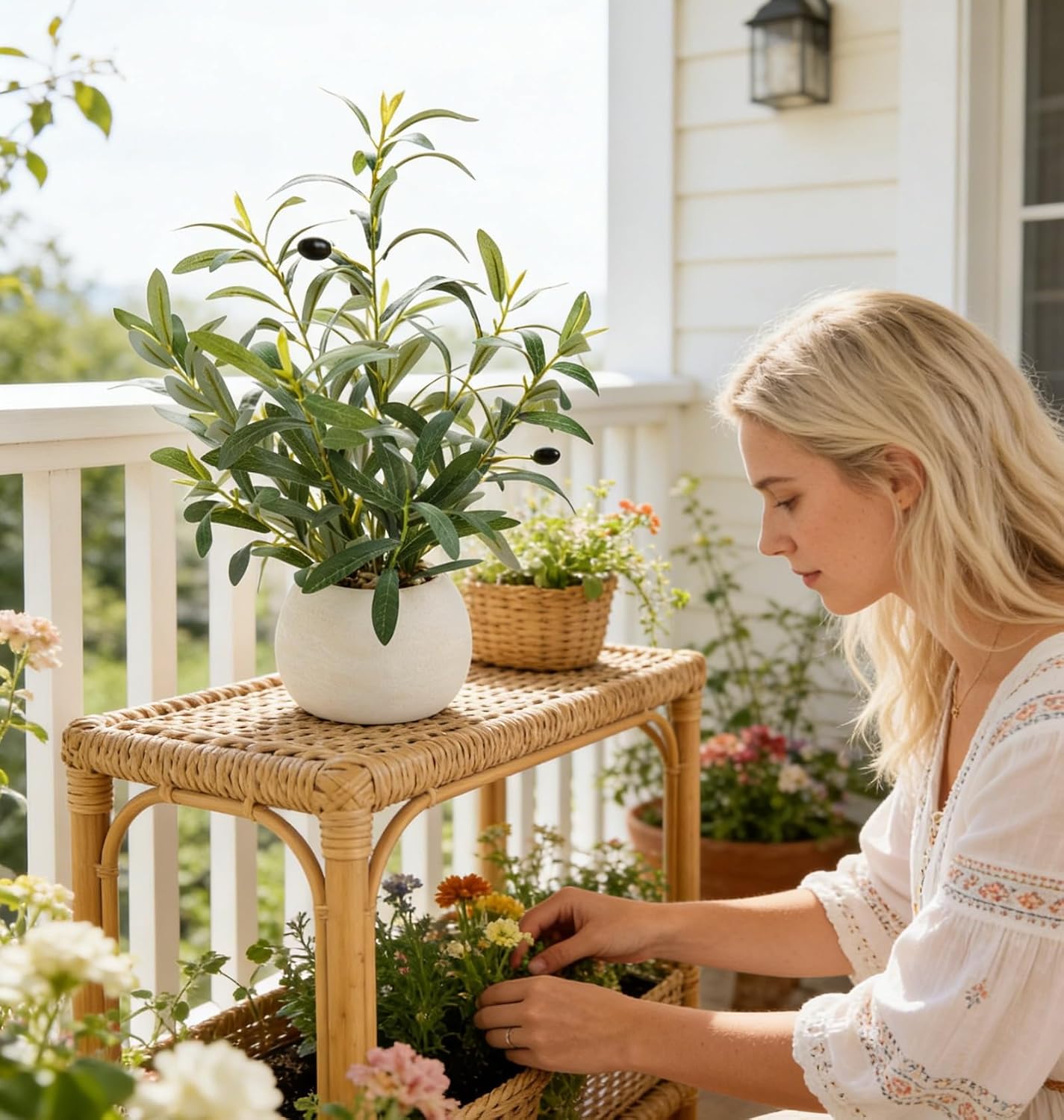 17" Artificial Potted Plant / Olive / White