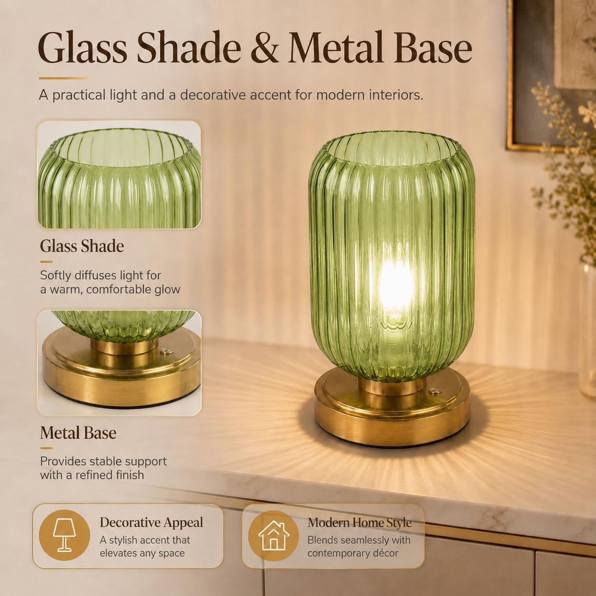 Cordless Glass Table Lamp, 3 Color Modes & Stepless Dimming, Green | 7500mAh Rechargeable Battery Powered LED Desk
