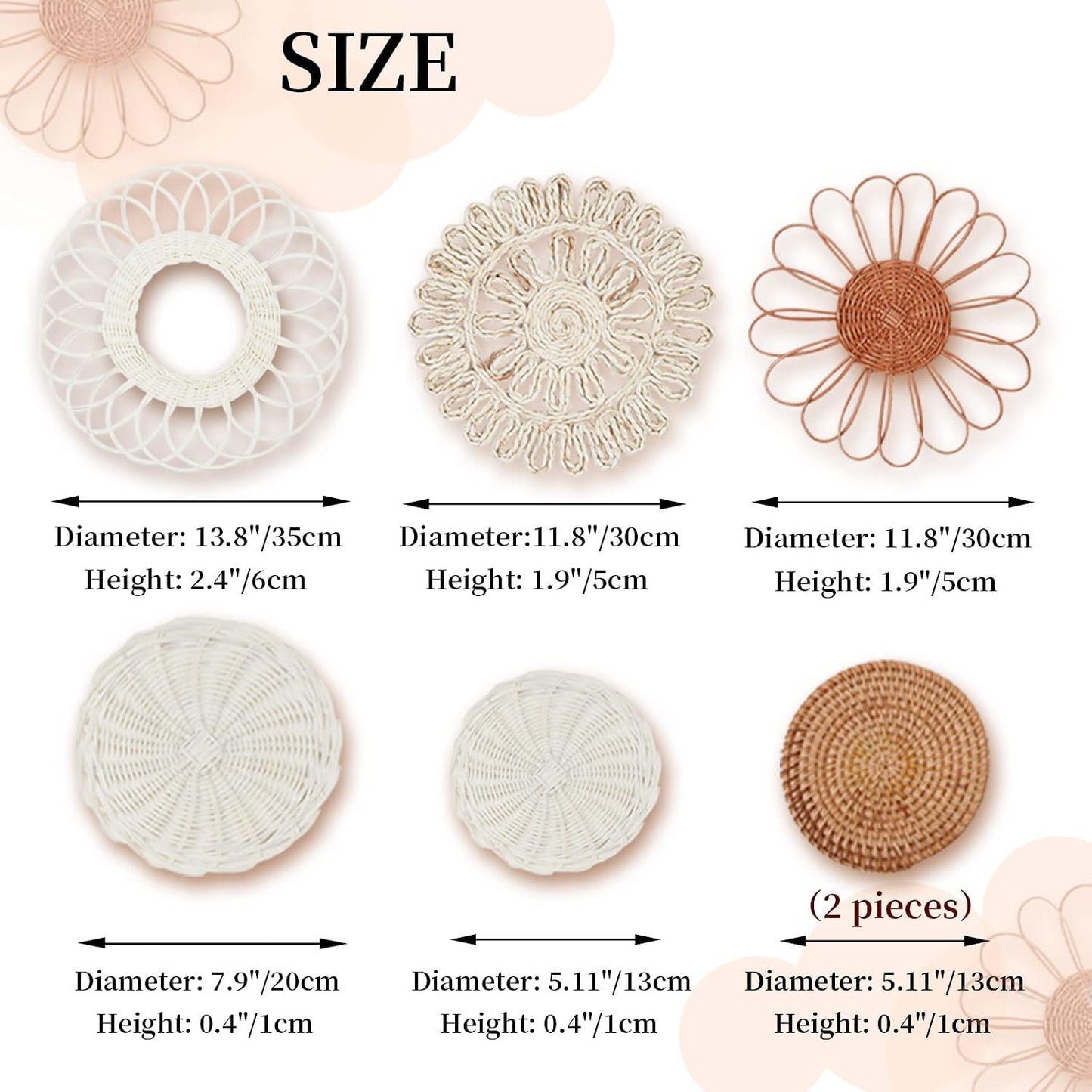 Rattan Flower Wall Decor / Meramera Boho Wall Decor / Set of 7