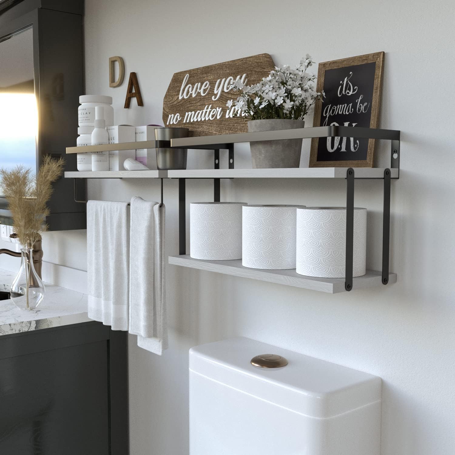 RICHER HOUSE Floating Shelves Bathroom, Wall Mounted Shelf Over Toilet | 2+1 Tier, with Metal Rail, Towel Rack, Paper