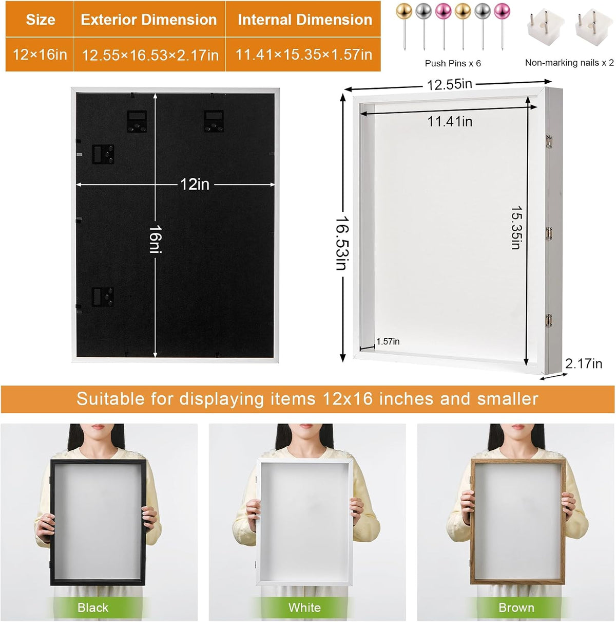 12x16 White Deep Shadow Box Picture Frame with Polished Plexiglass | Large Shadow Box Display Case with Push Pins,and