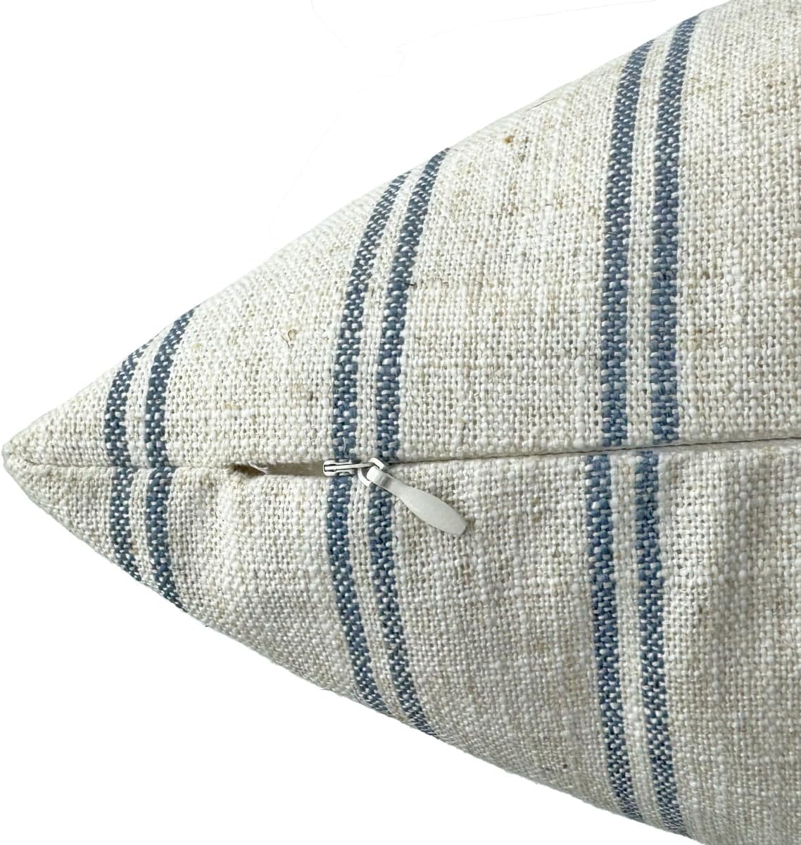Farmhouse Linen Throw Pillow Cover / Blue Striped / 18 x 18 / Set of 2
