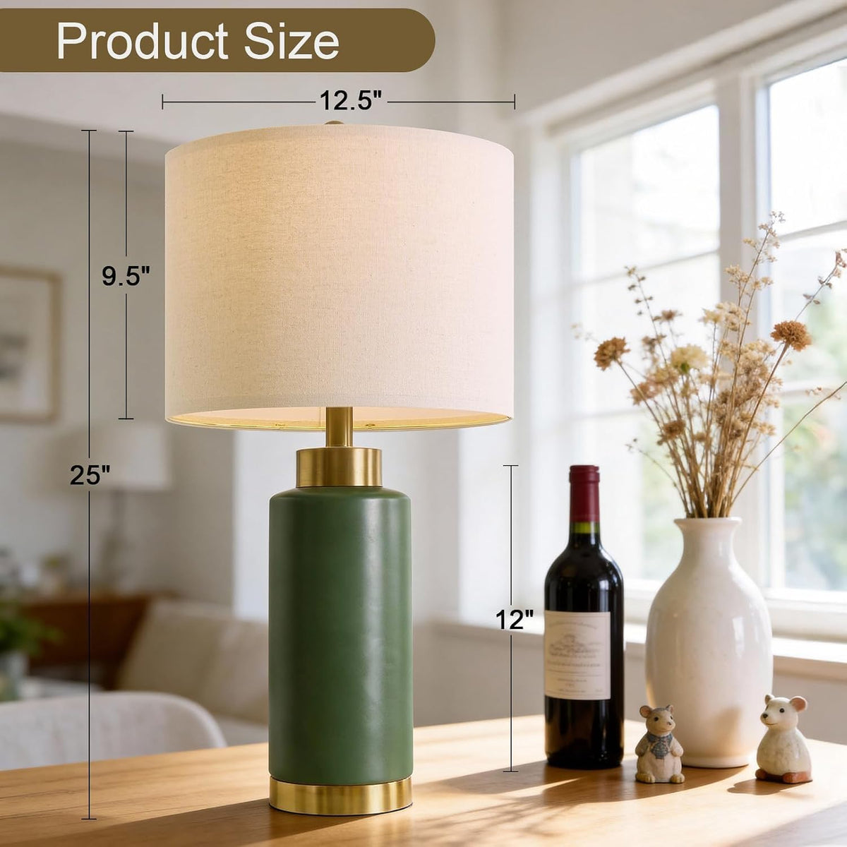 USumkky 25" Green Ceramic Table Lamp Set of 2, Modern Mid-Century Bedside Nightstand Lamps for Bedroom Living Room