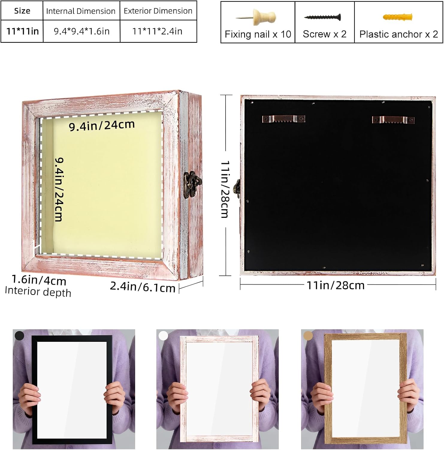 TJ.MOREE Shadow Box 11 x 11 Display Case Wood Picture Frame White Pink | Memory Box with Linen Back for Memorabilia