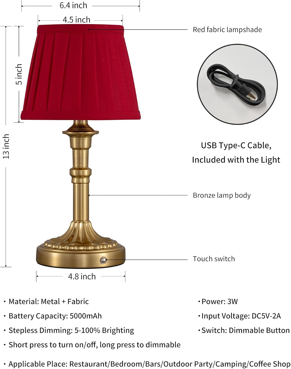 KDG Gold Cordless Table Lamps Set of 2, Red Fabric Shade Small Desk Lamp | Portables 4000mAh Battery Powered, LED