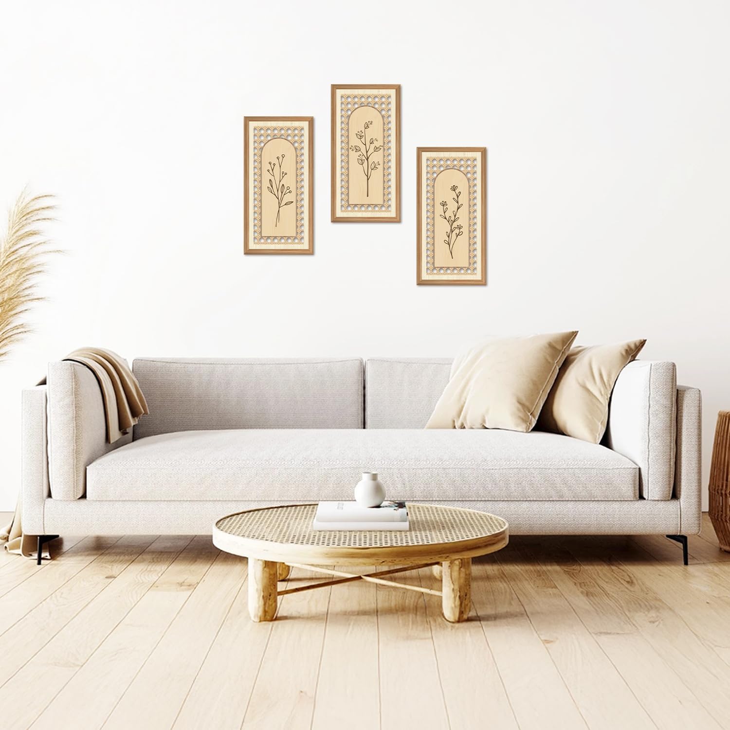 Boho Arch Wicker Wall Decor Unframed Rattan Wood Wall Art Minimalist / Botanical / 8 x 16 / Set of 3