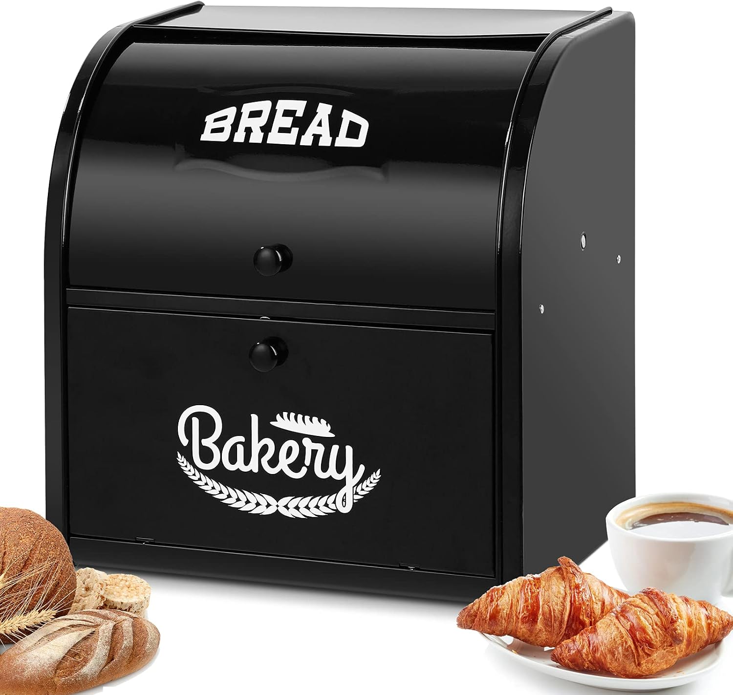 Stainless Steel Bread Box, 2 Layer Roll Top Bread Boxes, Large Capacity Food Storage Container for Kitchen Counter