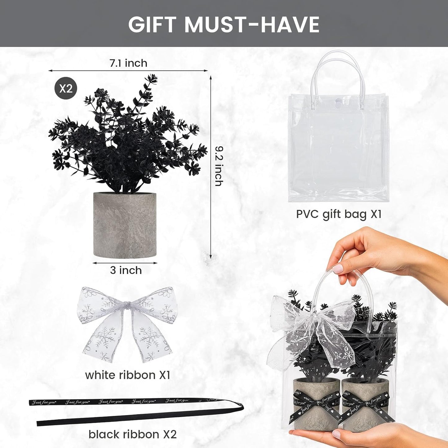 Mini Potted Fake Plants Artificial Plastic Eucalyptus Plants Topiaries / Black / Set of 2