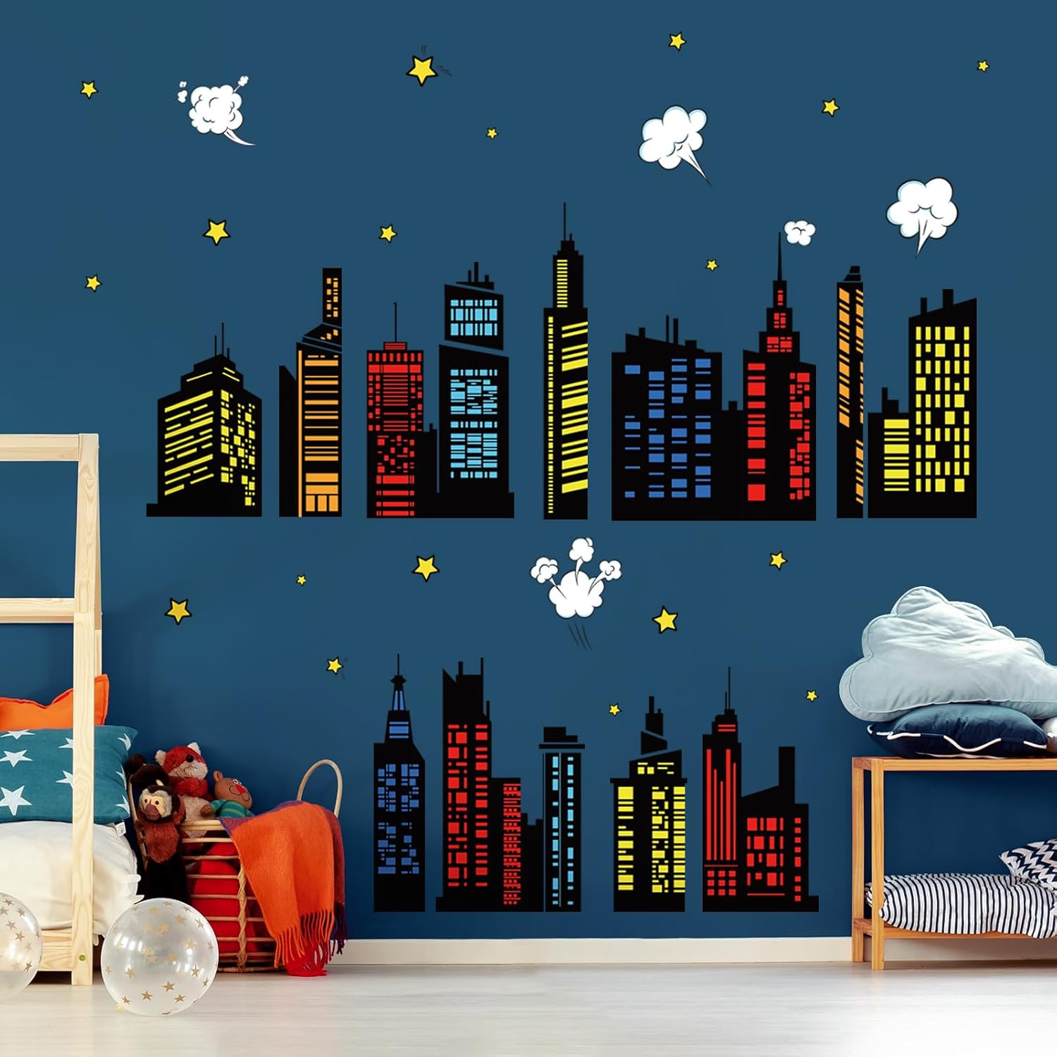 Colorful City Skyline Wall Decals Hero City Building Stars Wall Stickers Bedroom Playroom Toddler