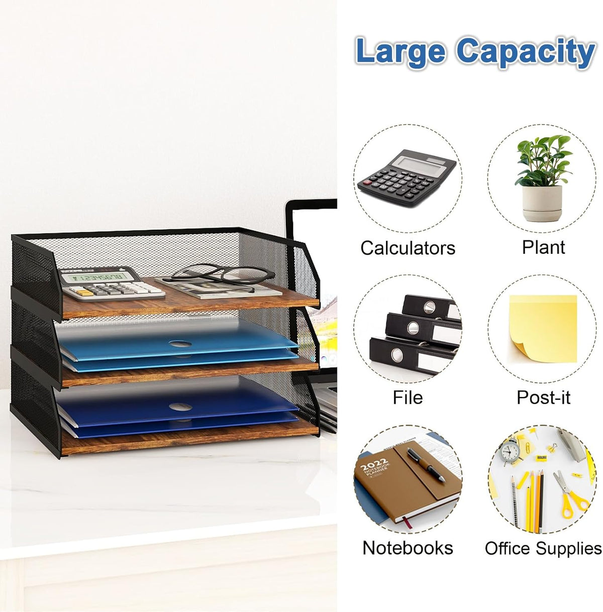 Natwind 3-Tier Stackable Metal Mesh Paper Organizer with Sliding Tray,Retro | Wooden Desk Organizer, Letter Tray For