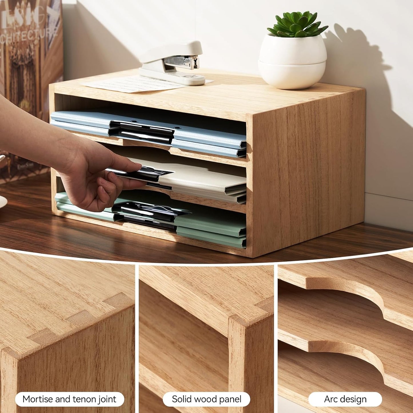 KIRIGEN Wooden Desk Organizer 3-Tier Letter Tray and Paper Sorter, Natural | Solid Wood Paper Tray Document Holder