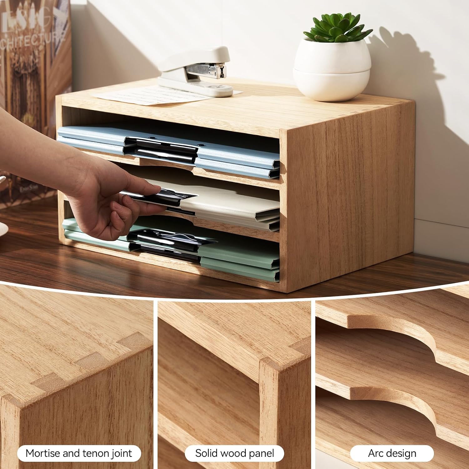KIRIGEN Wooden Desk Organizer 3-Tier Letter Tray and Paper Sorter, Natural | Solid Wood Paper Tray Document Holder