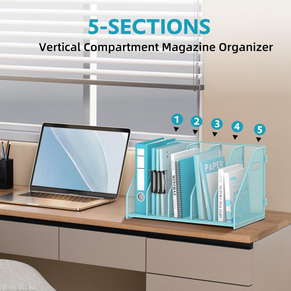 Binder Organizer, Magazine File Holder with 5 Vertical Rack, Blue | Metal Desk File Organizer & Binder Holders